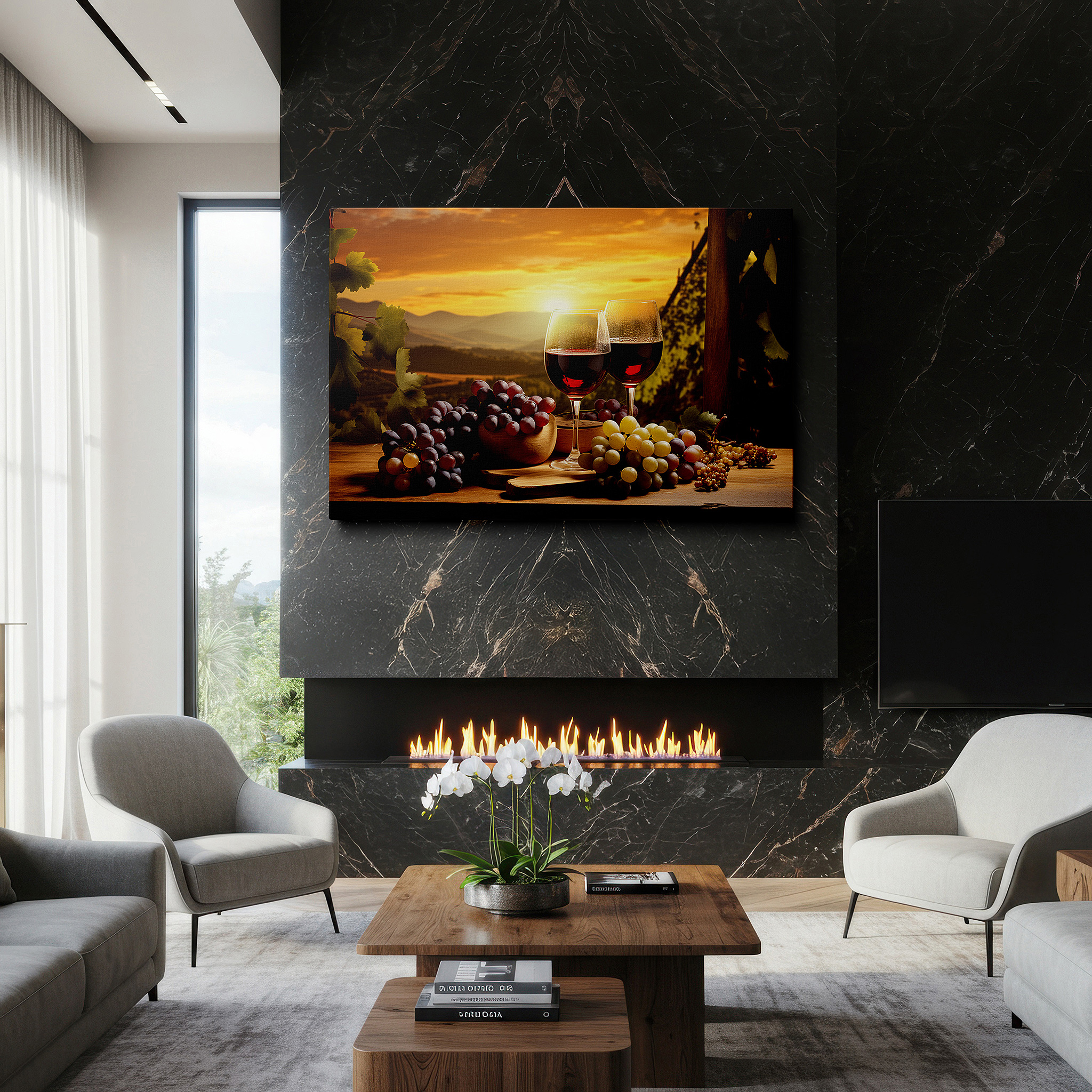 Framed by abstract decor and natural-toned accessories — sunset serenade at the vineyard: celebrating wine, nature, and togetherness - large wall art, canvas wall art, wall decor, office wall art