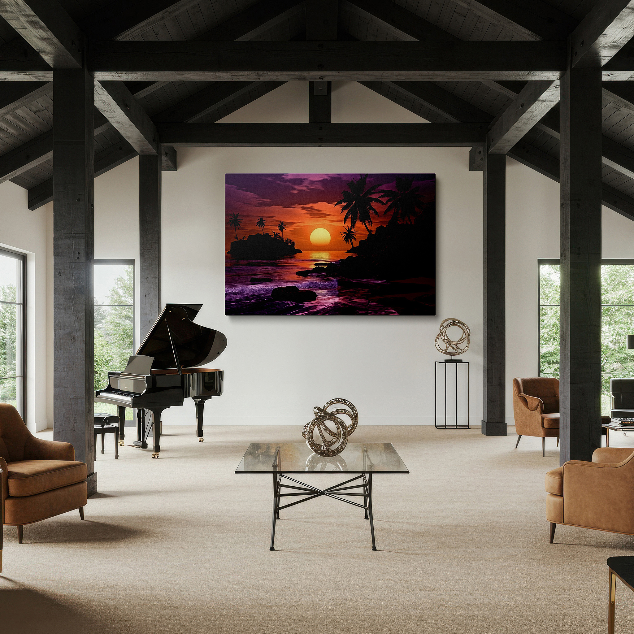 Framed by abstract decor and natural-toned accessories — sunset in tropical paradise with glowing sun, majestic palms, and peaceful sea - large canvas wall art for office and bedroom decor