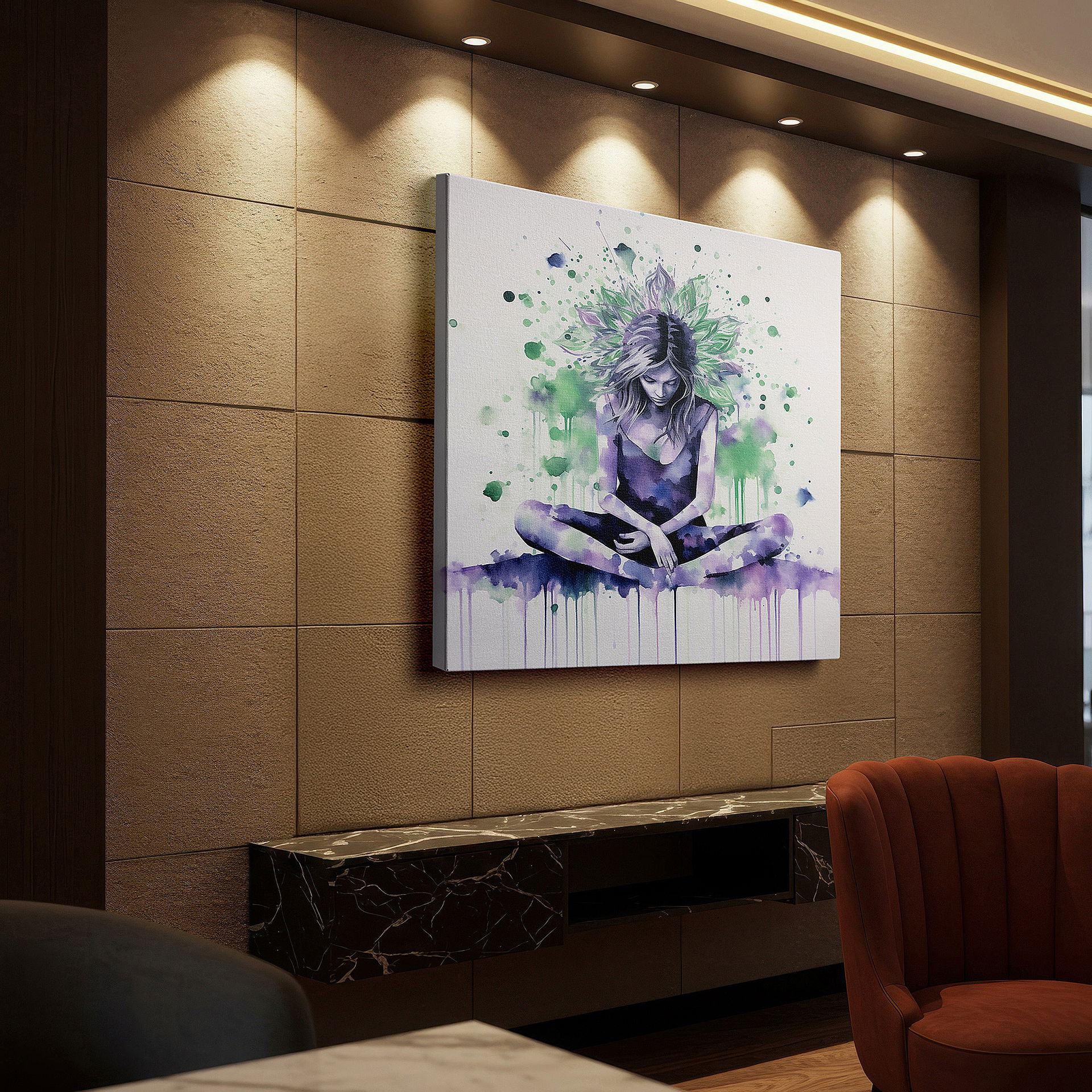 Framed by abstract decor and natural-toned accessories — tranquil chaos: vivid watercolor meditation - large canvas wall art for office, bedroom, and living room decor
