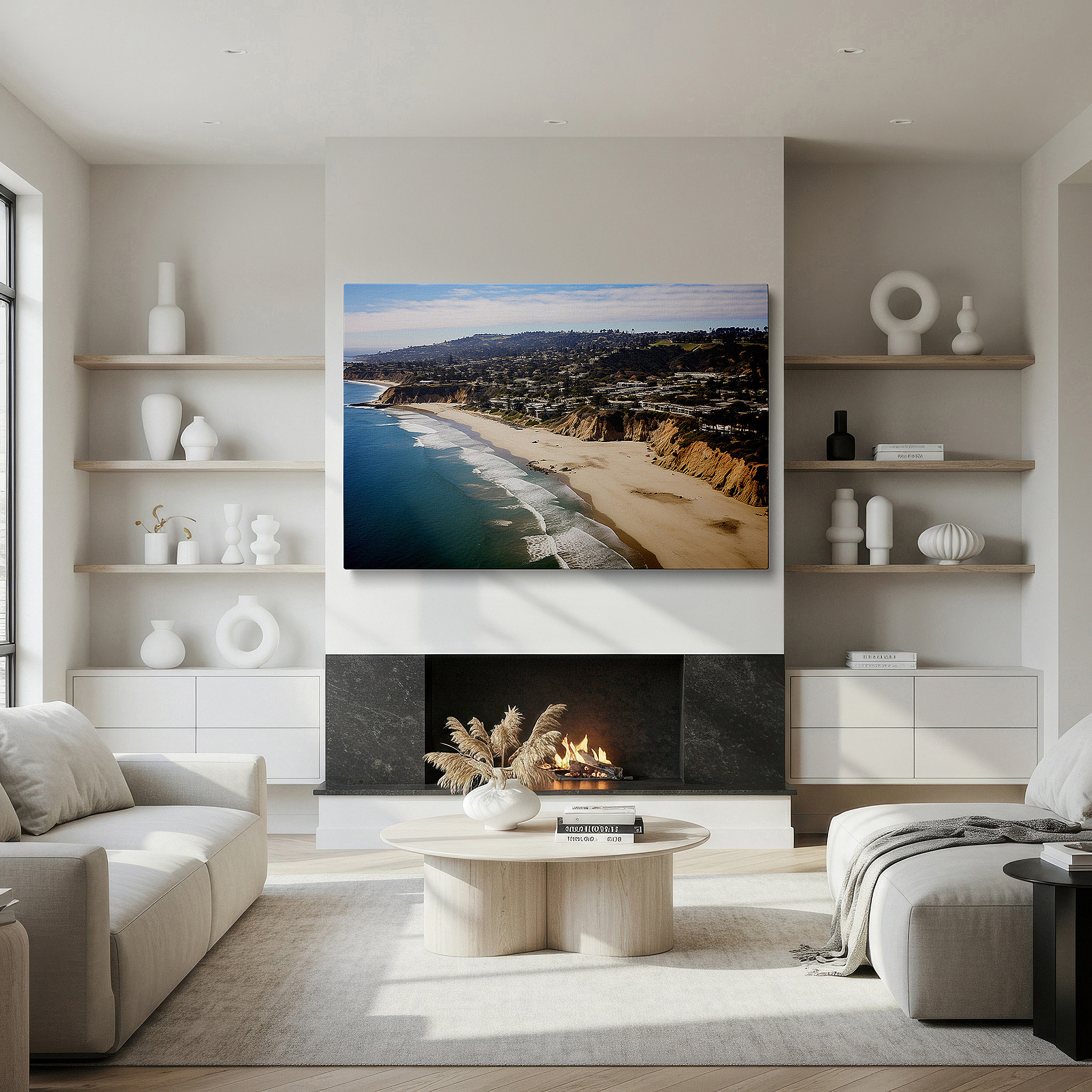 Framed by abstract decor and natural-toned accessories — tranquil coastal paradise wall art featuring lush cliffs and pristine waters - large canvas for home and office decor, perfect for living room and bedroom