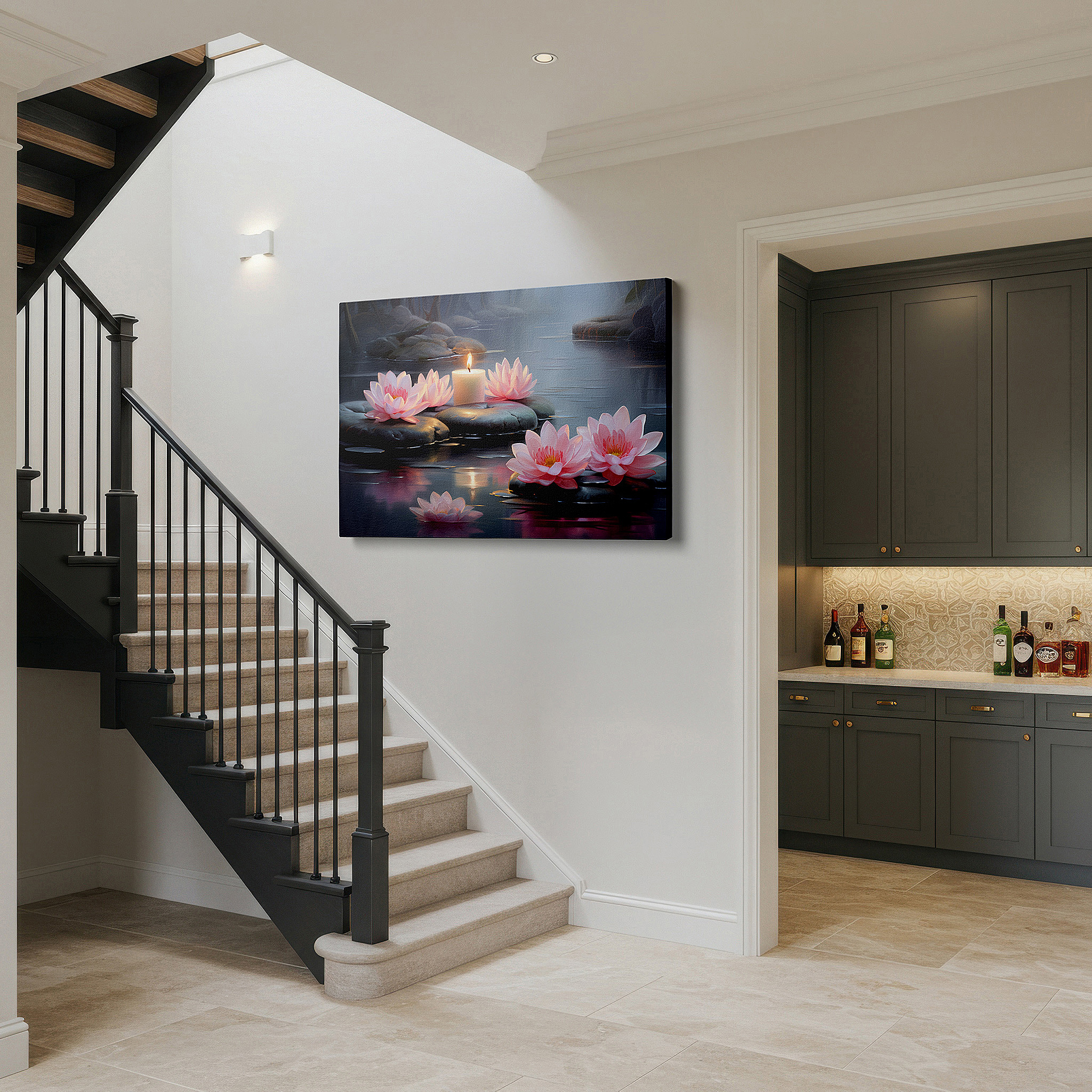 Framed by abstract decor and natural-toned accessories — tranquil waterscape canvas art featuring pink lotus flowers, symbols of purity and spiritual awakening - ideal for office and home decor