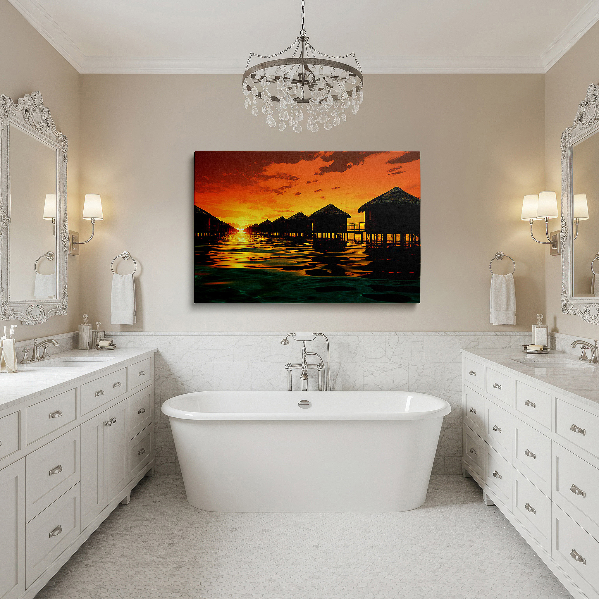 Framed by abstract decor and natural-toned accessories — tropical paradise golden hour tranquility with overwater bungalows large wall art, canvas wall decor for office and bedroom
