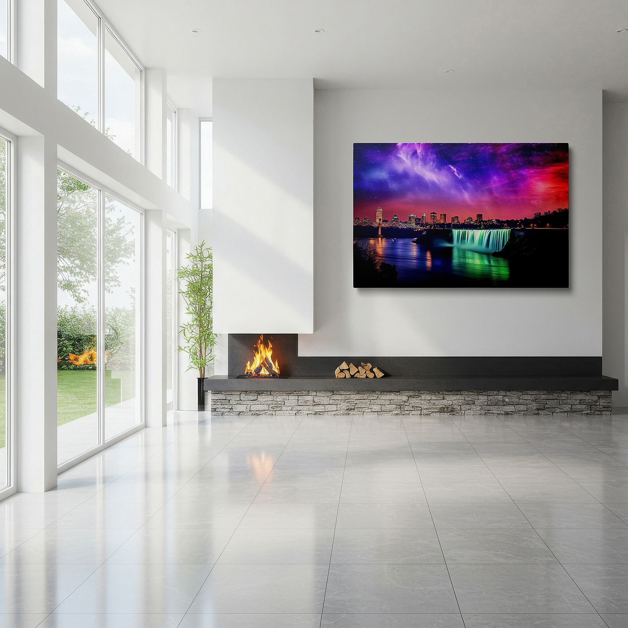Framed by abstract decor and natural-toned accessories — twilight urban nightscape with waterfall - where vibrant city life meets tranquil nature, large canvas wall art for home and office decor