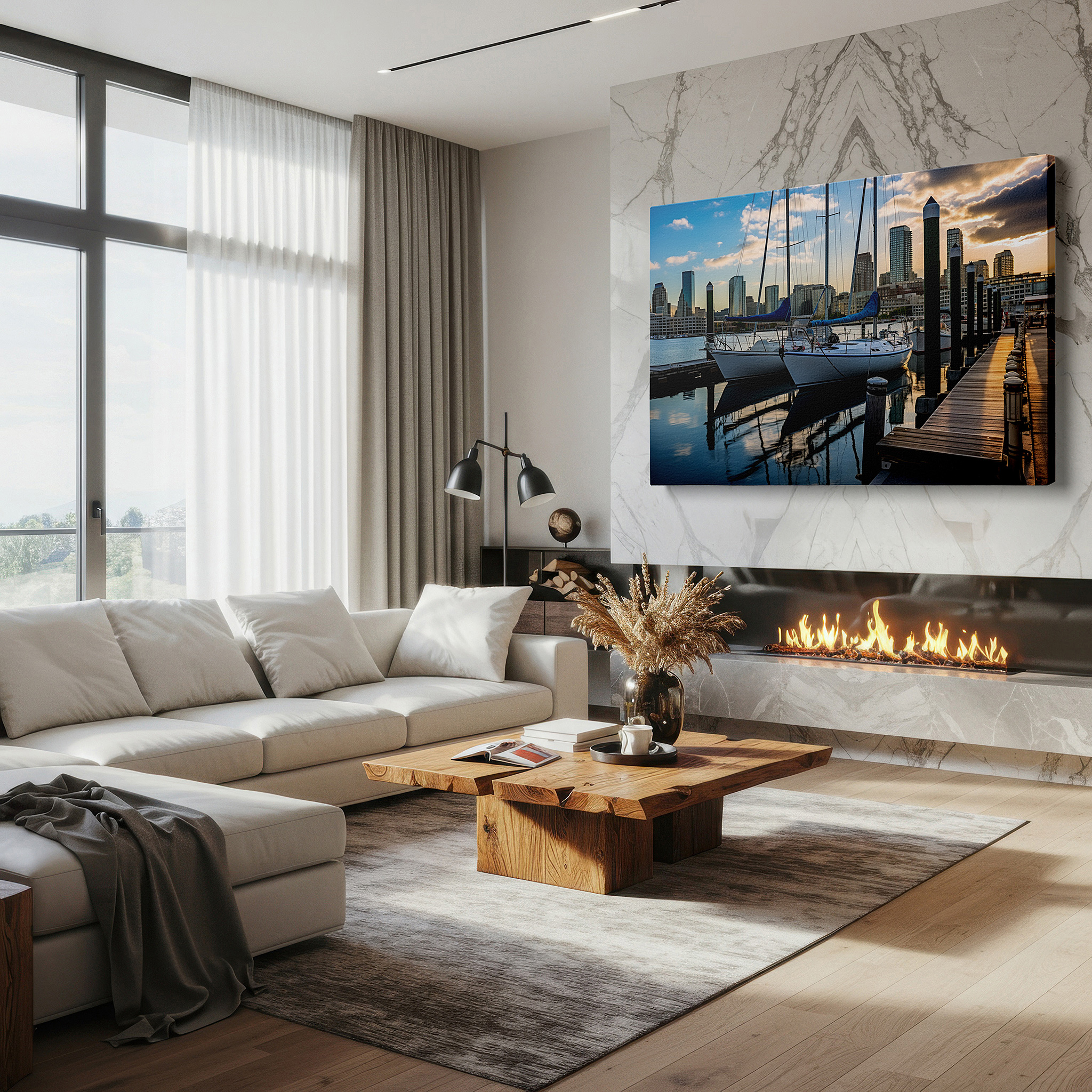 Framed by abstract decor and natural-toned accessories — urban harbor at sunset: tranquil elegance with sailboats and city skyline - large canvas wall art for office and bedroom decor
