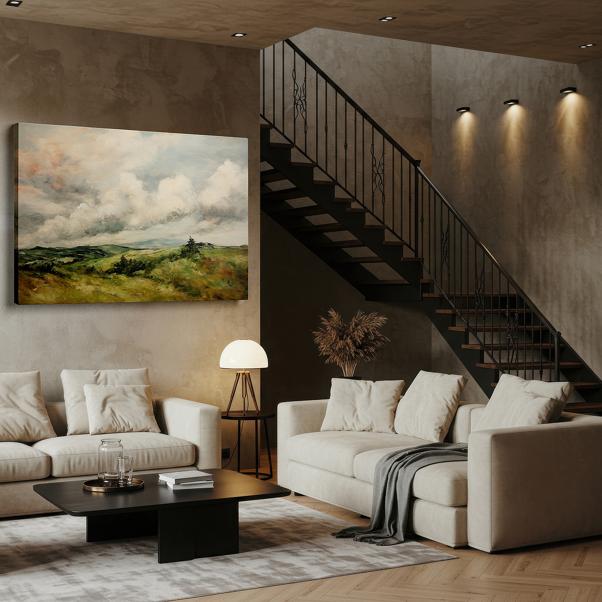 Framed by abstract decor and natural-toned accessories — verdant hills and dynamic skies: a harmonious display of nature's splendor - large wall art, canvas wall art, wall decor for office