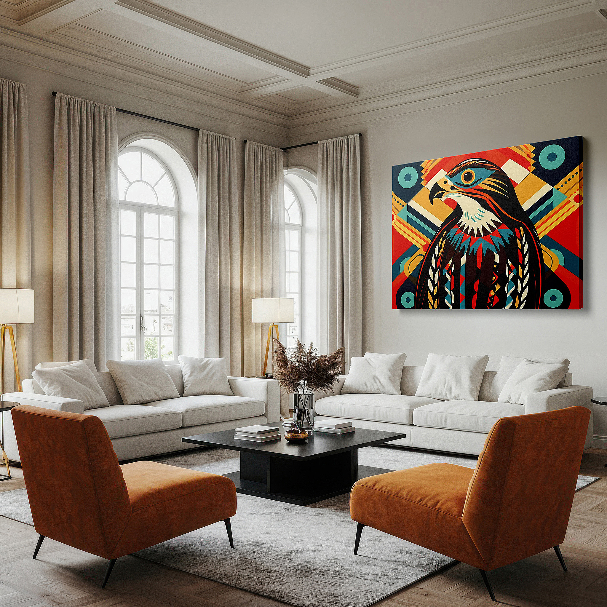 Framed by abstract decor and natural-toned accessories — vibrant and abstract stylized bird wall art celebrating nature and artistic expression, large canvas wall decor