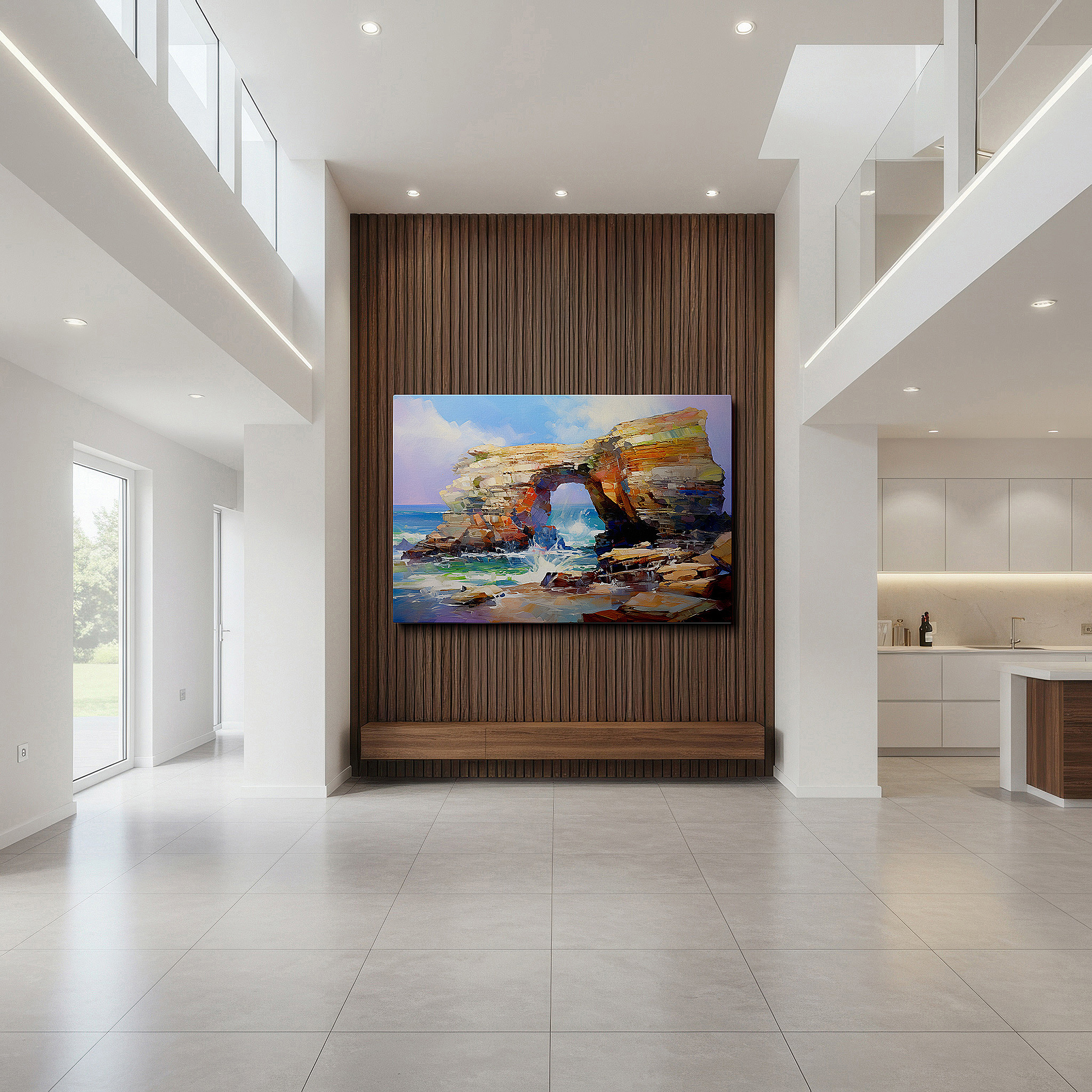 Framed by abstract decor and natural-toned accessories — vibrant coastal cliffs wall art: dynamic light and texture - perfect for office, bedroom, and home decor