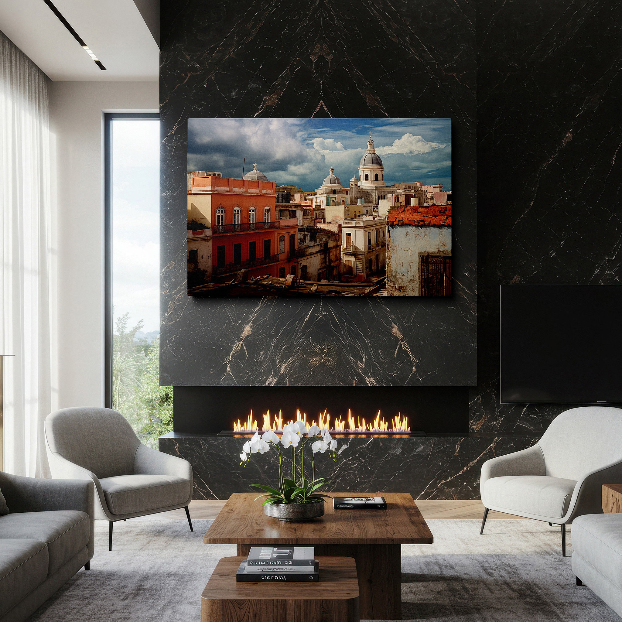 Framed by abstract decor and natural-toned accessories — vibrant historic cityscape canvas wall art with dramatic sky for office, bedroom, and living room decor