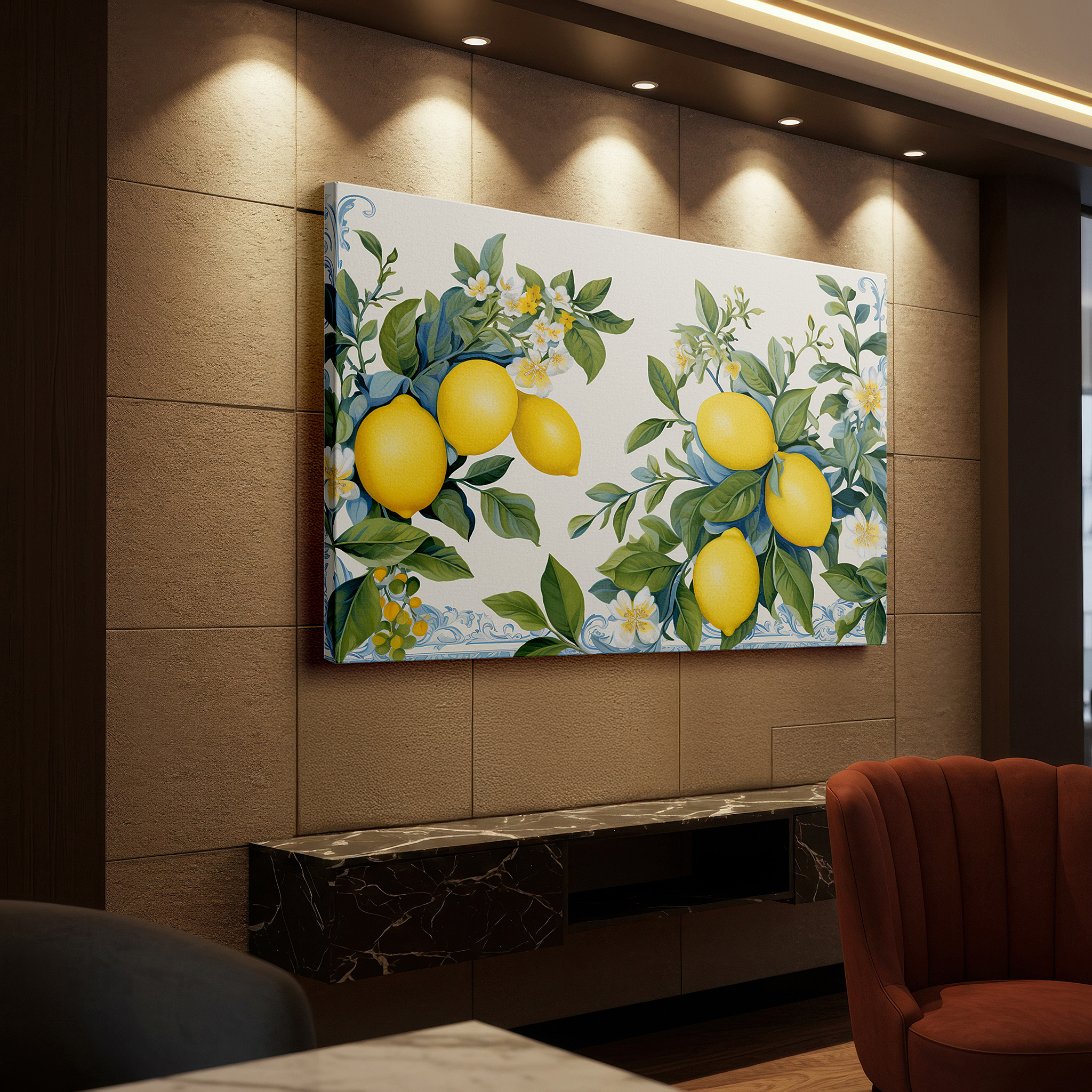 Framed by abstract decor and natural-toned accessories — vibrant lemons and delicate florals: celebrating nature's bounty with lively large wall art, canvas decor for offices and homes