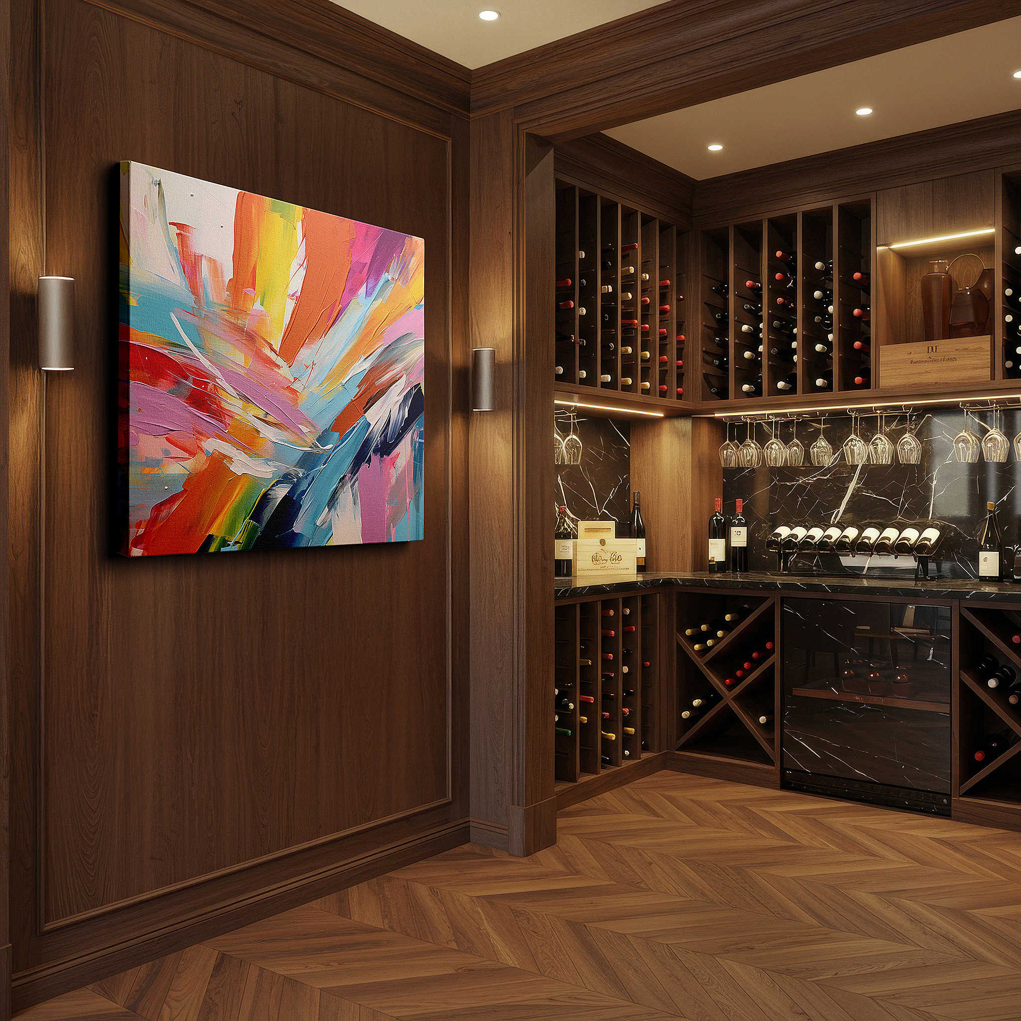 Framed by abstract decor and natural-toned accessories — a vibrant symphony of colors: abstract expression through emotional and visual journeys, featuring large canvas wall art decor