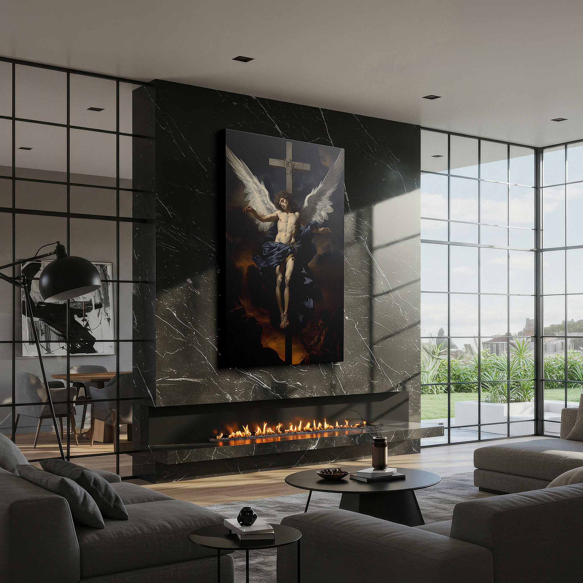 Framed by abstract decor and natural-toned accessories — wall art: "angelic sacrifice amidst stormy skies" - a divine interplay of light and darkness. large canvas wall art for office and bedroom decor