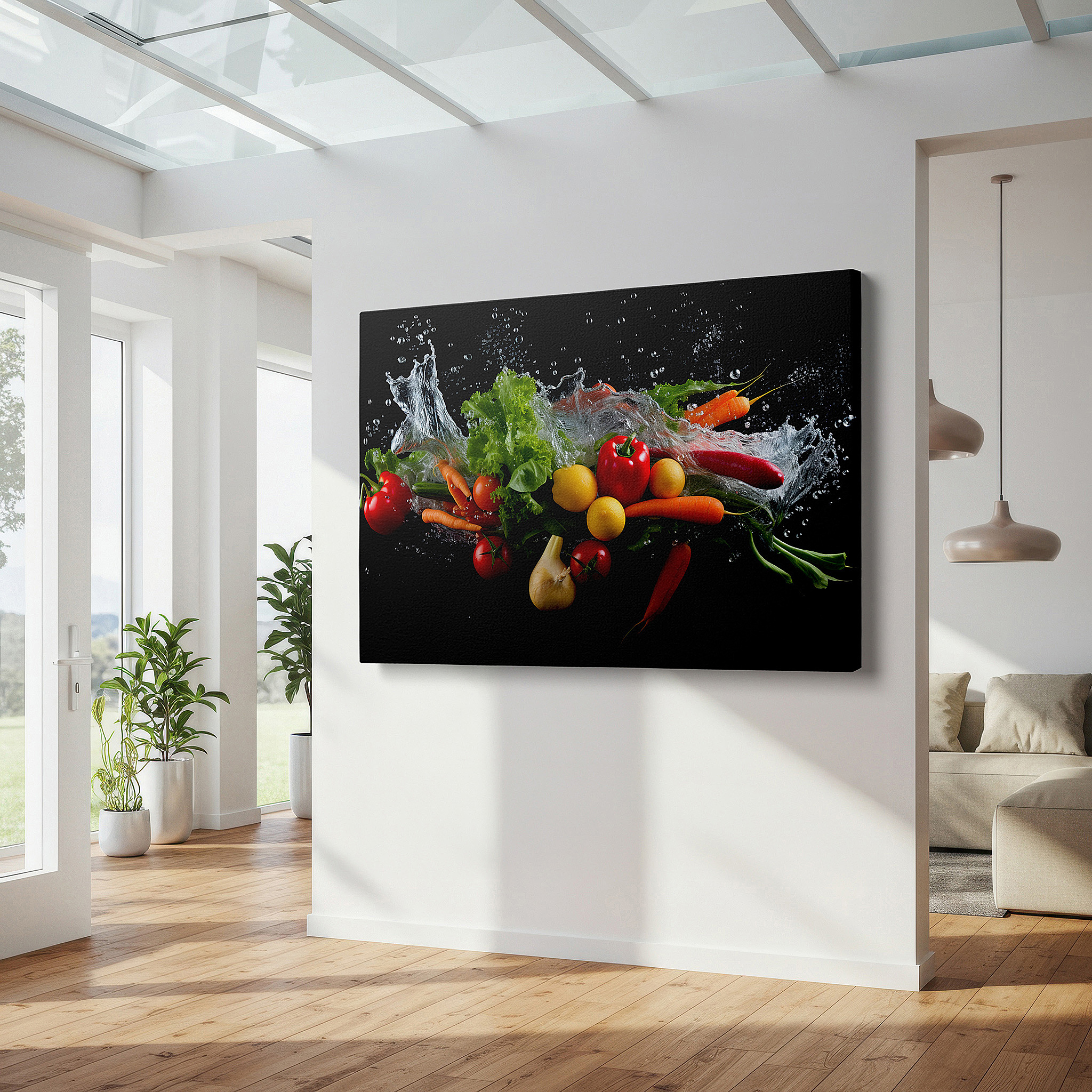 Framed by abstract decor and natural-toned accessories — wall art: celebrating freshness with vibrant vegetables and sparkling water droplets - large canvas wall art for office and bedroom decor