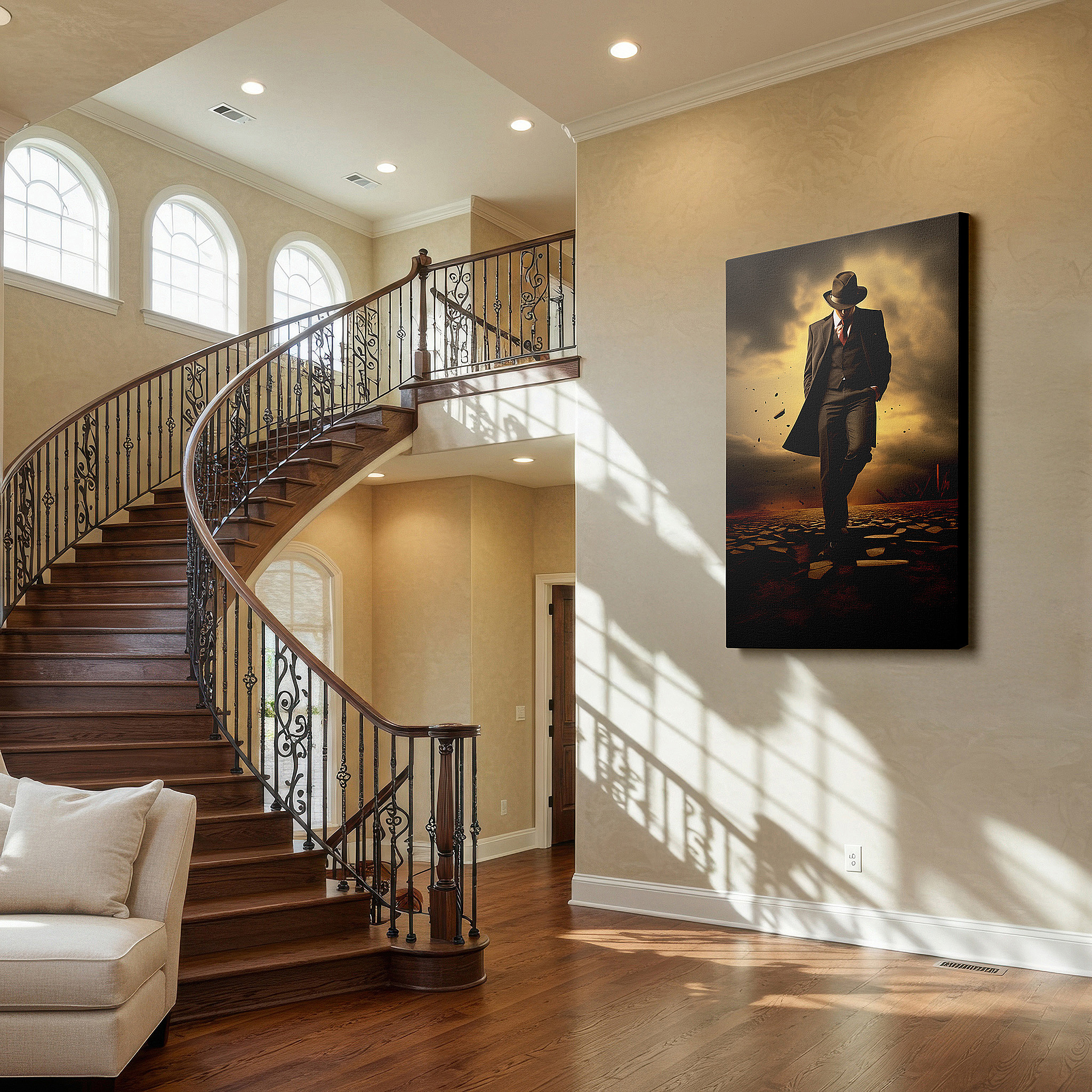 Framed by abstract decor and natural-toned accessories — wall art: "civilization meets nature" - man in suit against stormy wilderness scene, large canvas wall art for office decor