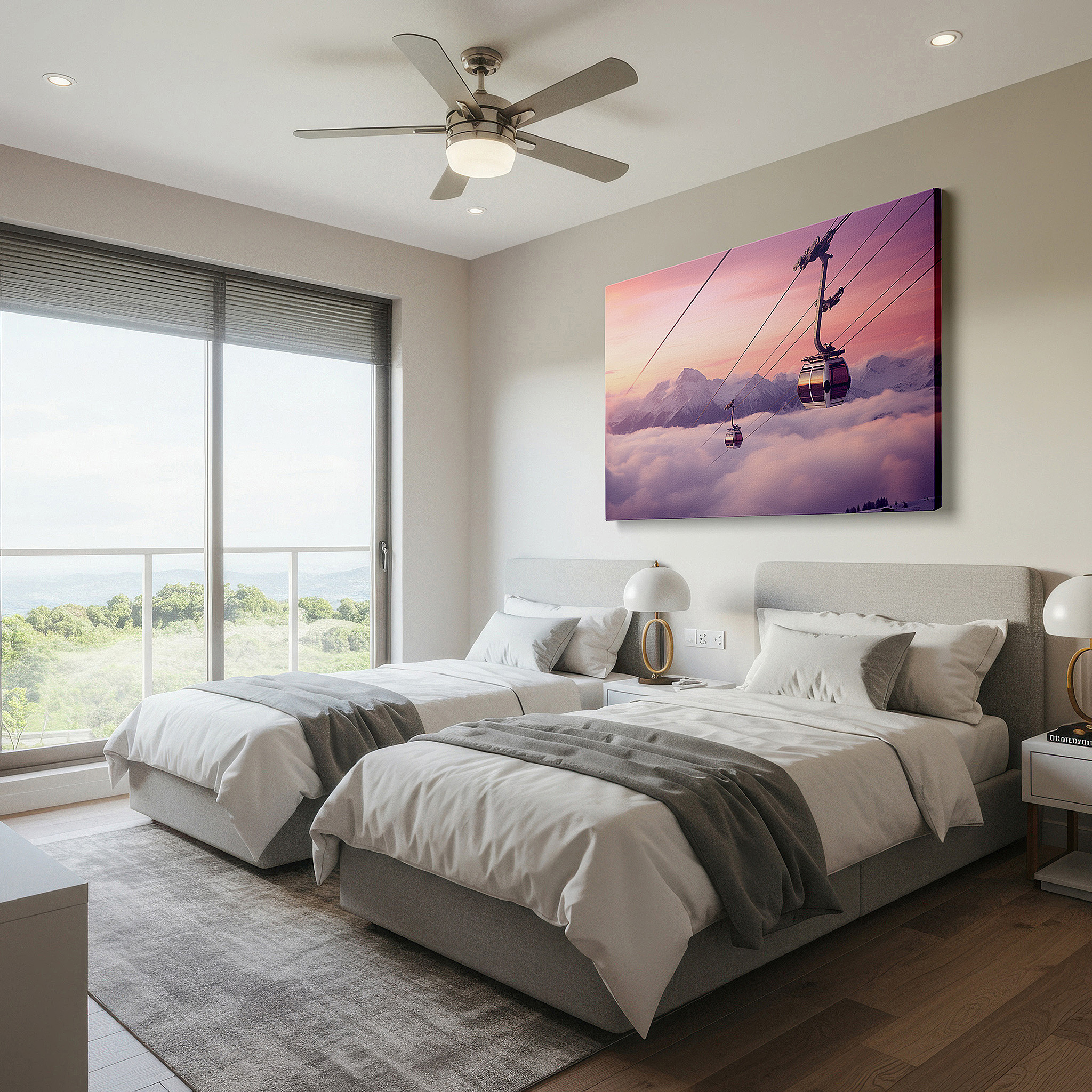 Framed by abstract decor and natural-toned accessories — wall art: experience the serene majesty of snowy peaks and gliding gondolas in a winter wonderland - large canvas wall art for office and bedroom decor