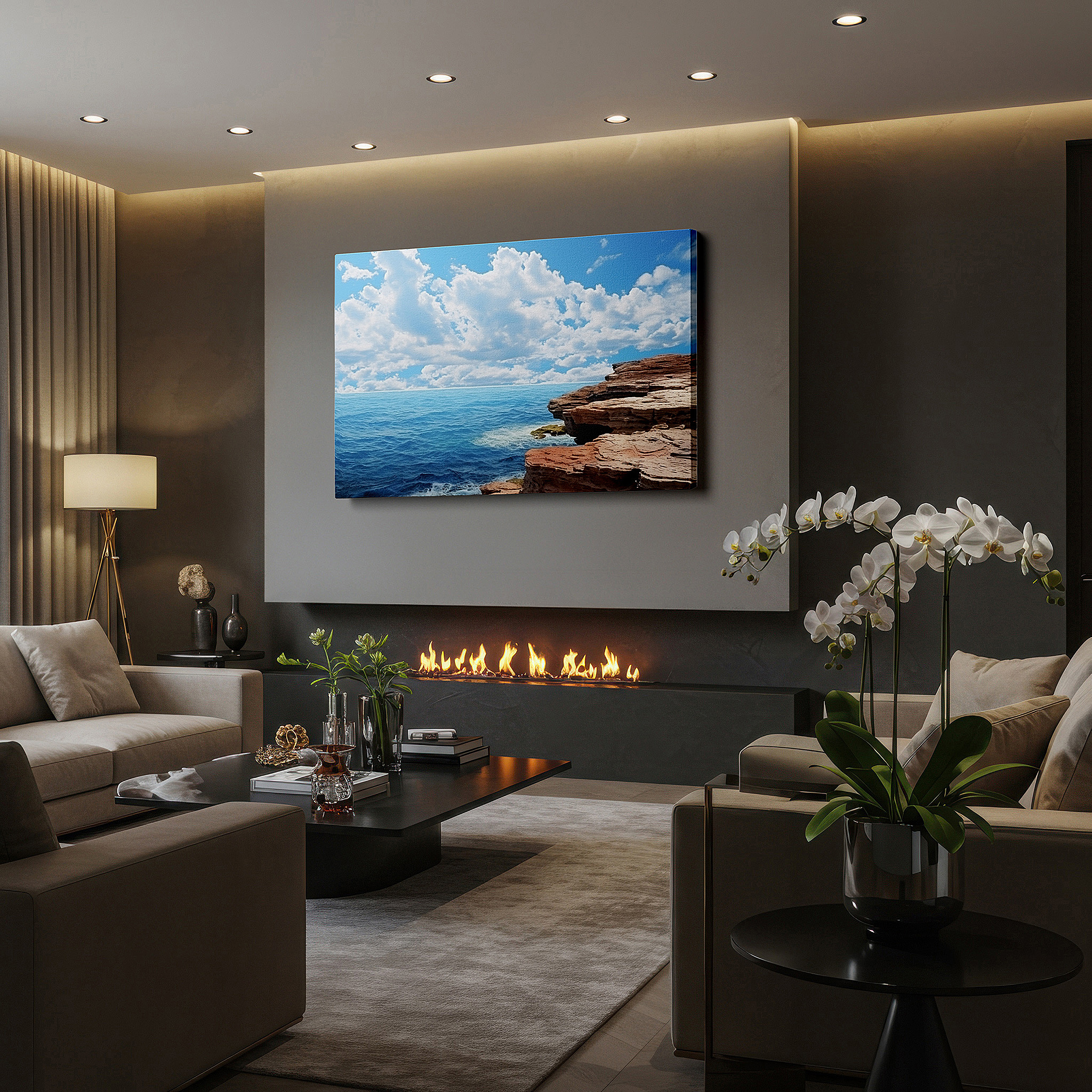 Framed by abstract decor and natural-toned accessories — wall art: majestic cliffs and tranquil seas beneath expansive skies - nature's splendid dance. large canvas wall art for home and office decor.
