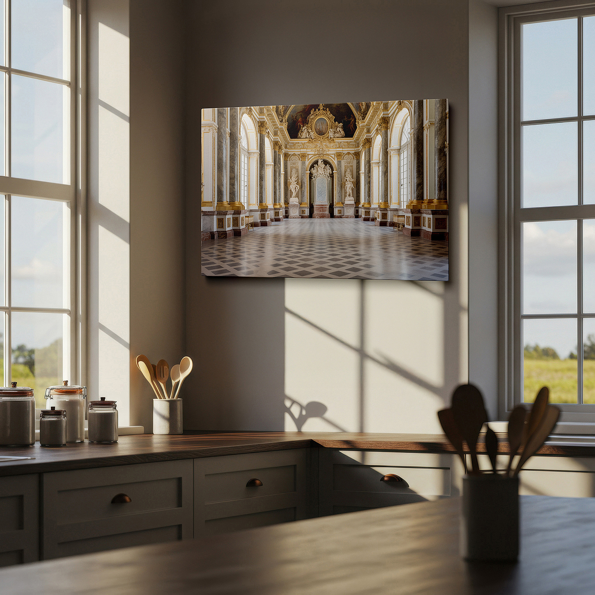 Framed by abstract decor and natural-toned accessories — wall art: majestic hall of timeless elegance - a masterpiece of architectural grandeur and artistic brilliance. large canvas wall art decor.