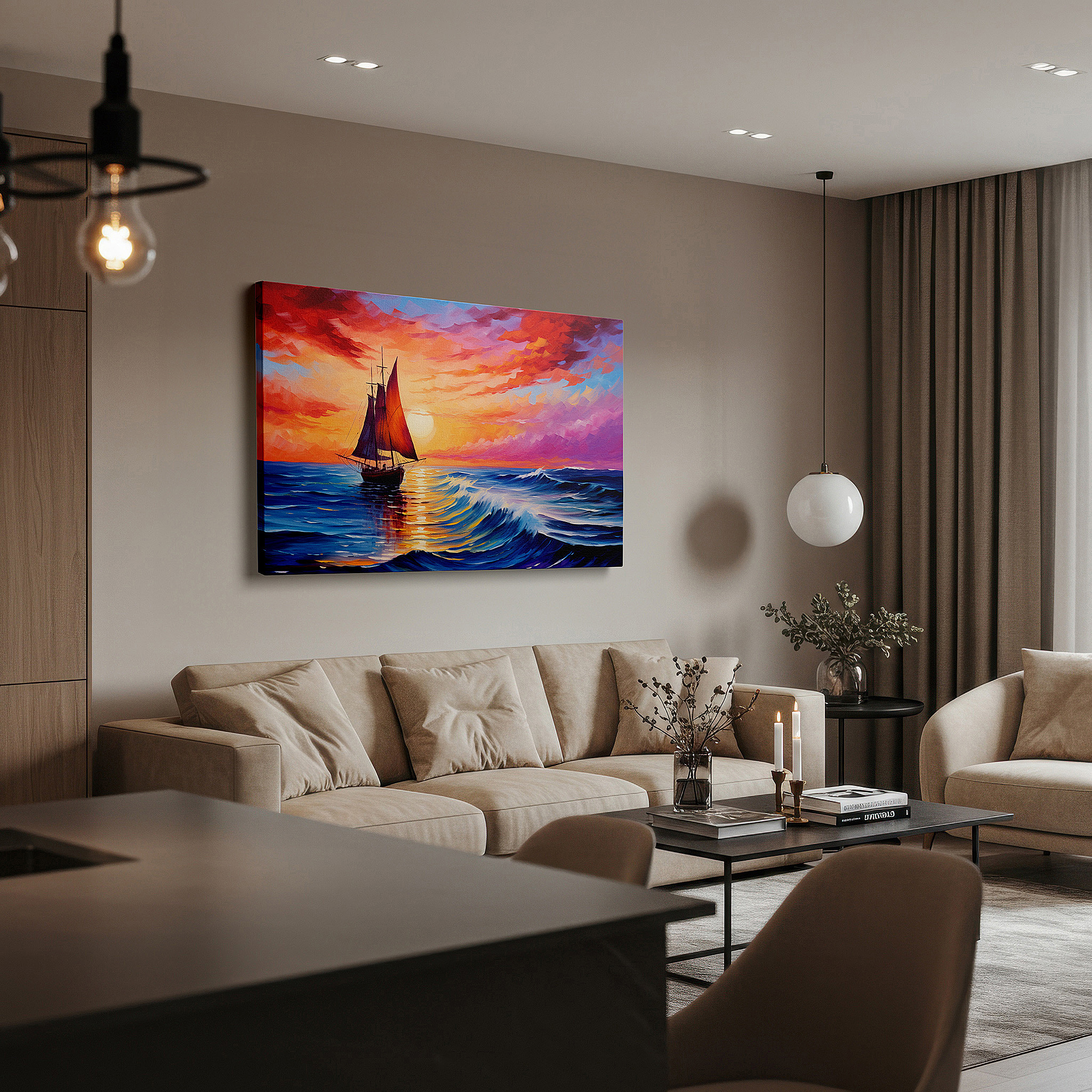 Framed by abstract decor and natural-toned accessories — wall art: majestic ship sailing through stormy seas at sunset - large canvas wall art for office, bedroom, and living room decor