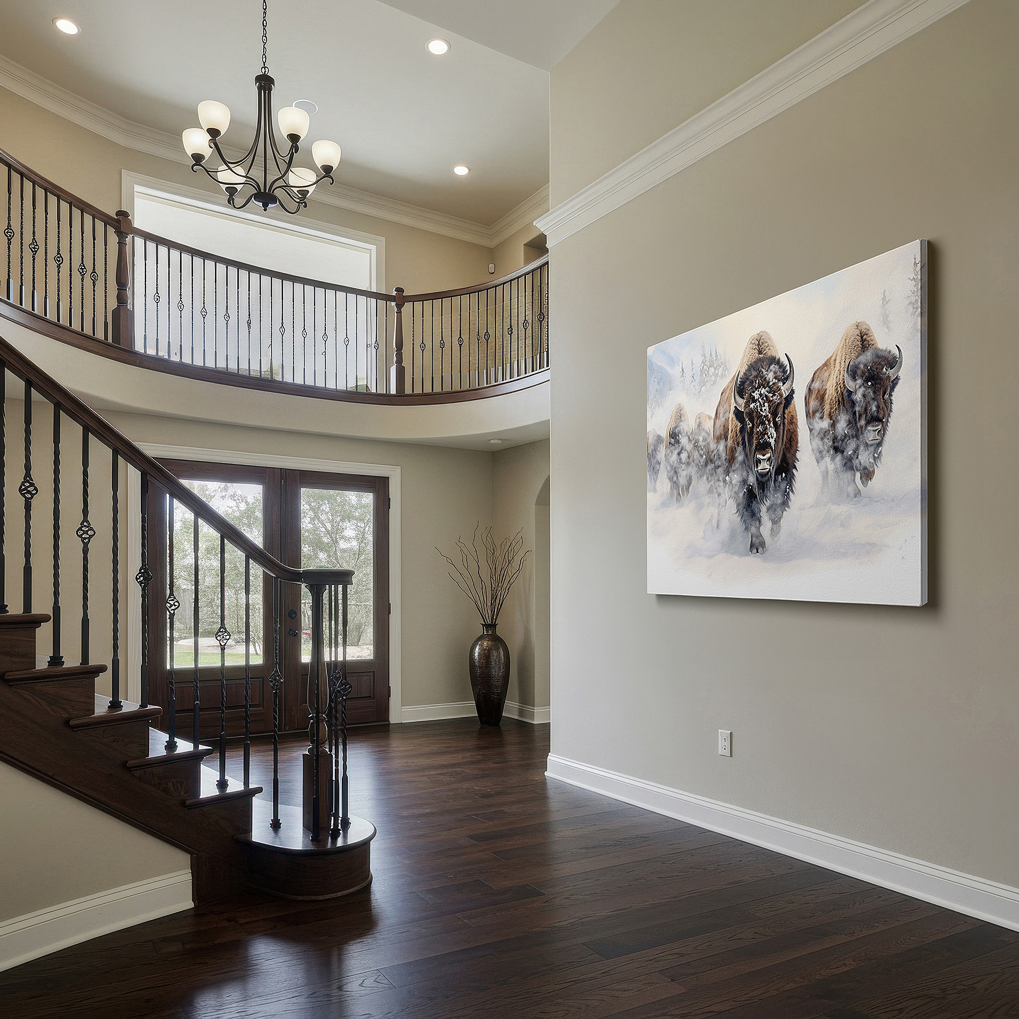Framed by abstract decor and natural-toned accessories — wall art: serene and mighty bison in a snowy landscape - a peaceful yet commanding nature scene for large wall art, canvas wall art, wall art decor, office wall art, bedroom wall