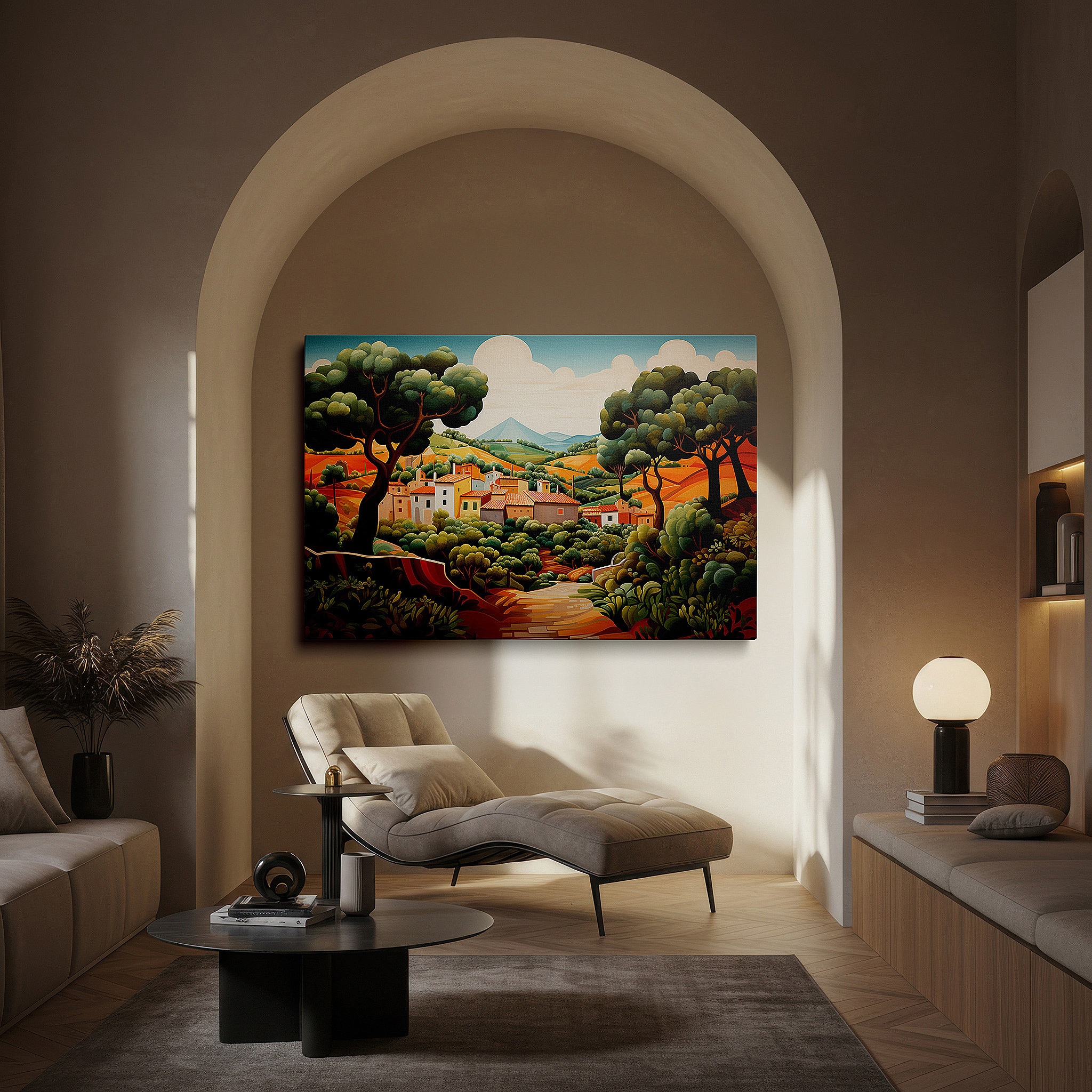 Framed by abstract decor and natural-toned accessories — wall art: serene village surrounded by gentle hills, a lively display of countryside appeal and natural balance - large canvas wall art for home and office decor
