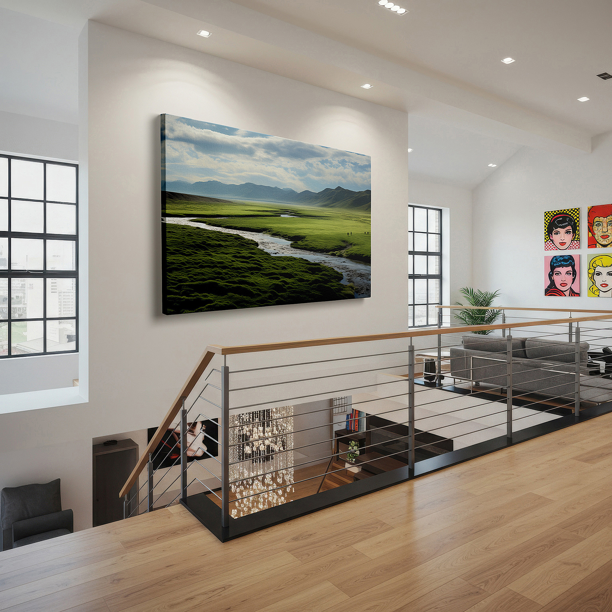 Framed by abstract decor and natural-toned accessories — wall art: tranquil landscape featuring verdant fields, winding river, and expansive sky - large canvas art for home and office decor, perfect for living room and bedroom