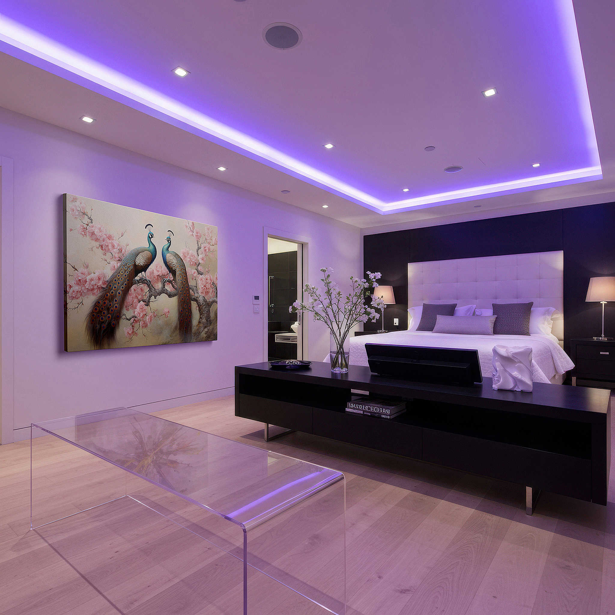 Framed by abstract decor and natural-toned accessories — wall decor: elegant peacocks and cherry blossoms, symbols of beauty and rebirth - large canvas art for home and office