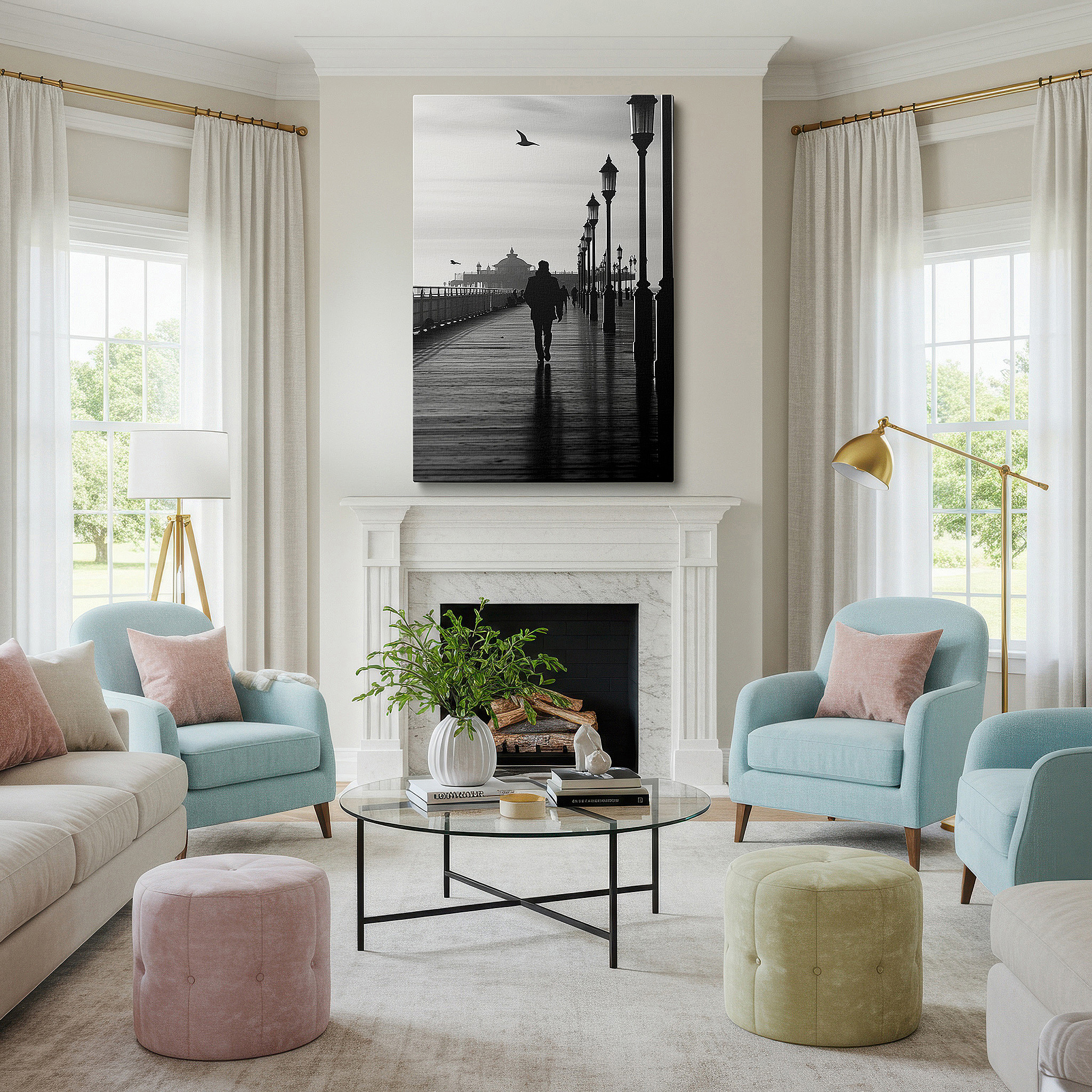Framed by abstract decor and natural-toned accessories — wall decor: a lone figure on an ageless pier, old-fashioned lanterns light the way to reflection - large canvas art for home and office