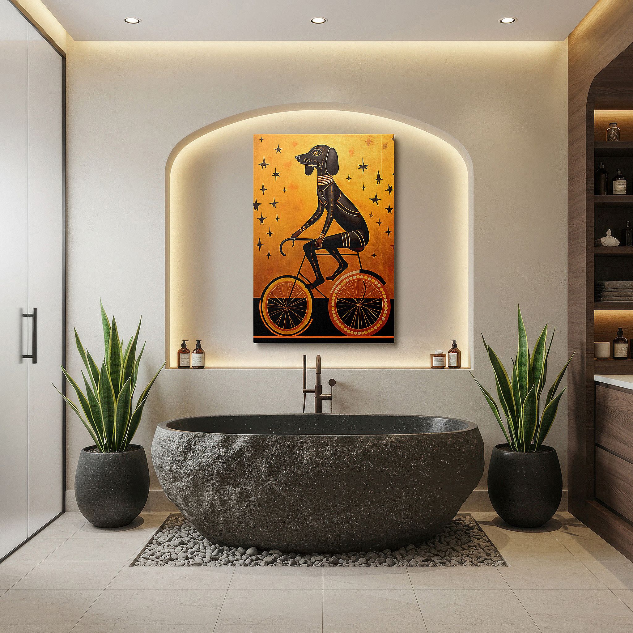 Framed by abstract decor and natural-toned accessories — whimsical black dog on a bicycle canvas art - large wall decor for office, bedroom, and living spaces, featuring a golden starry sky