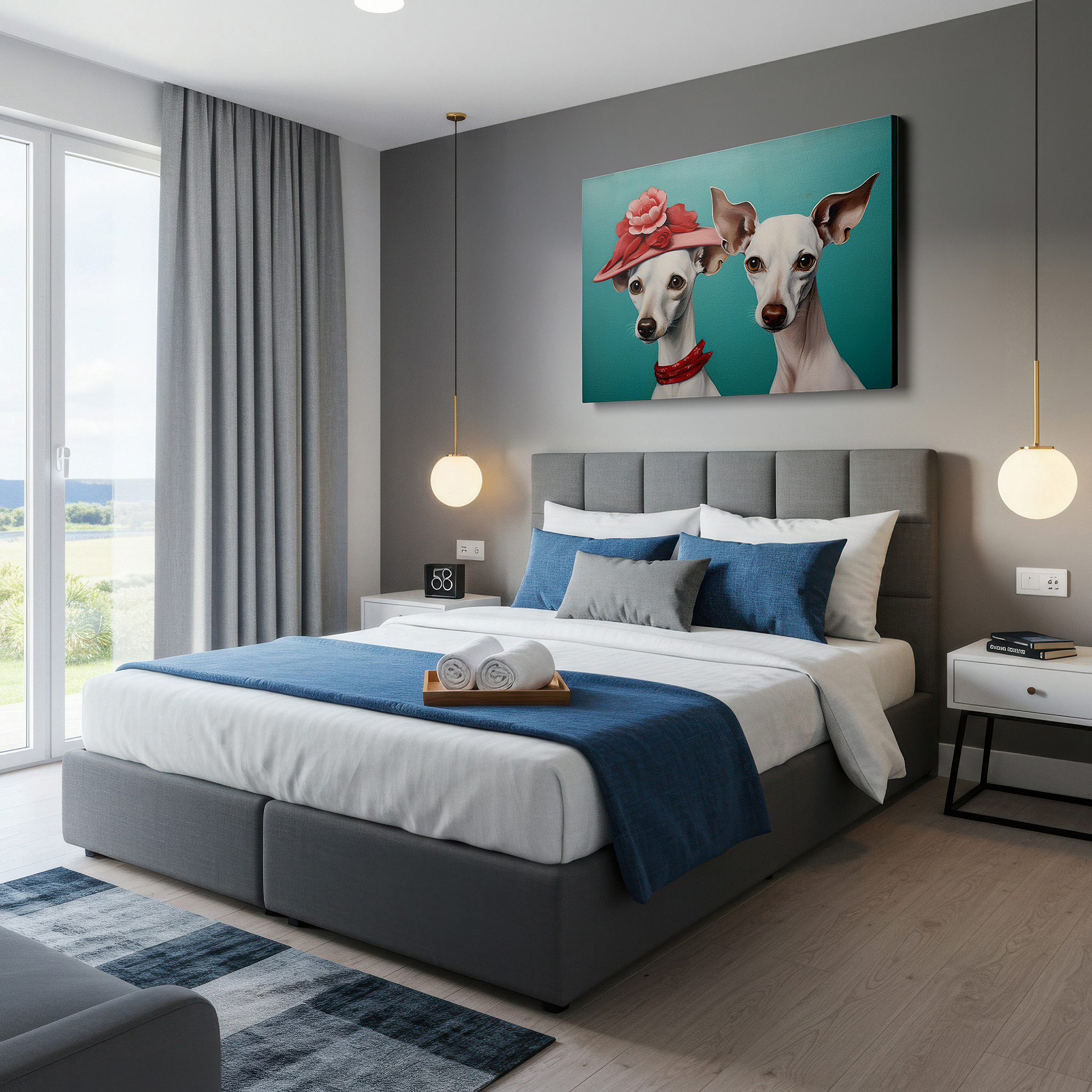 Framed by abstract decor and natural-toned accessories — whimsical whippets in stylish hats large wall art with turquoise backdrop, canvas wall decor for office, bedroom, and living room