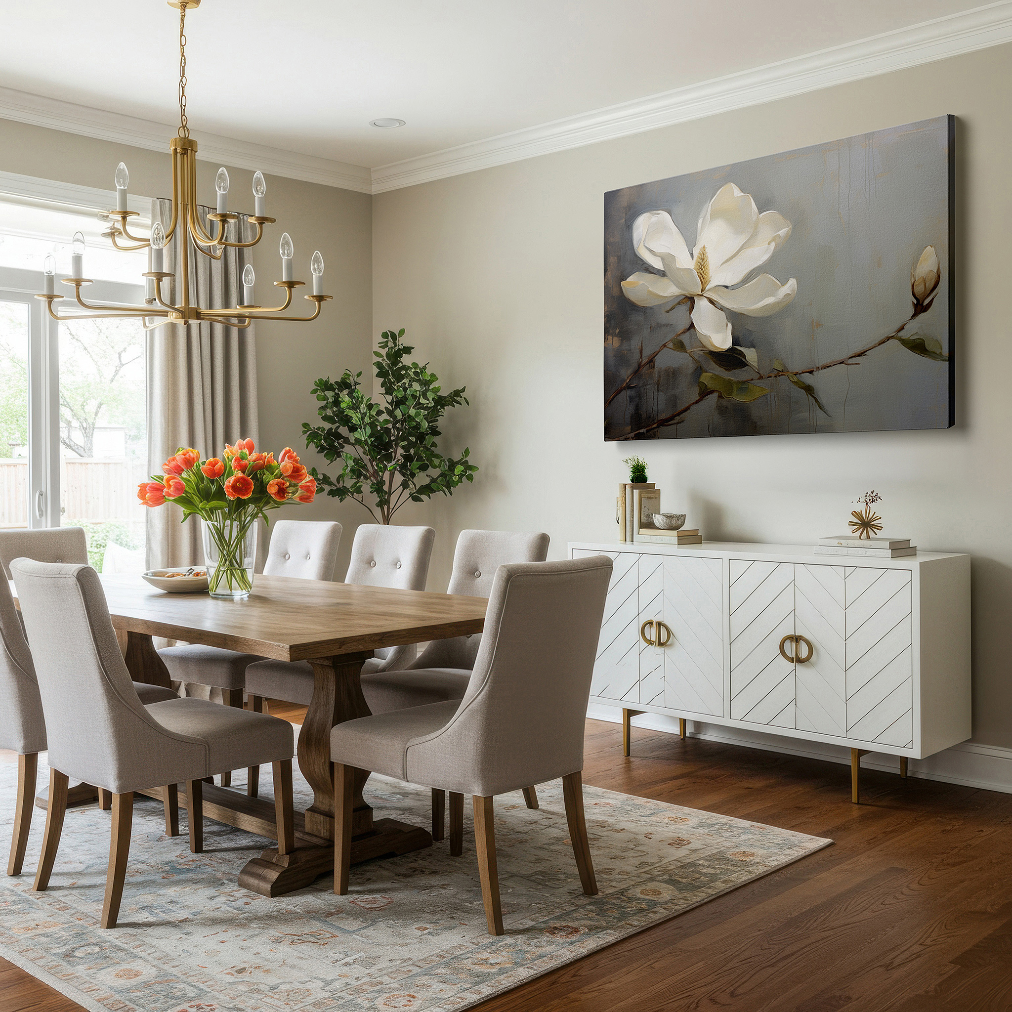 Framed by abstract decor and natural-toned accessories — white magnolia in bloom: a masterful blend of light, shadow, and tranquil hues - large canvas wall art for office decor