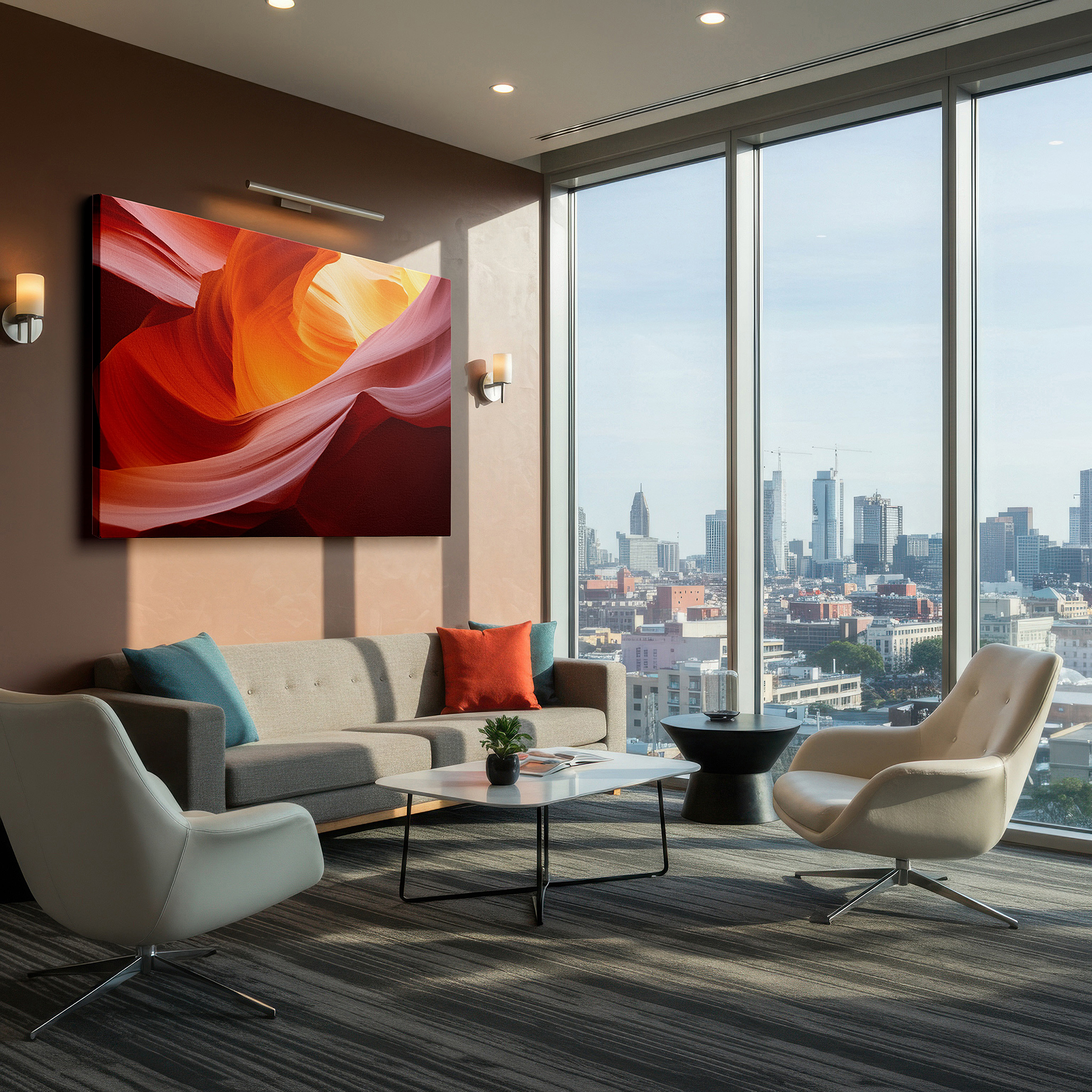Gently illuminated by ambient lighting in an entryway — abstract canyon essence: a symphony of light and texture - large canvas wall art for office and bedroom decor