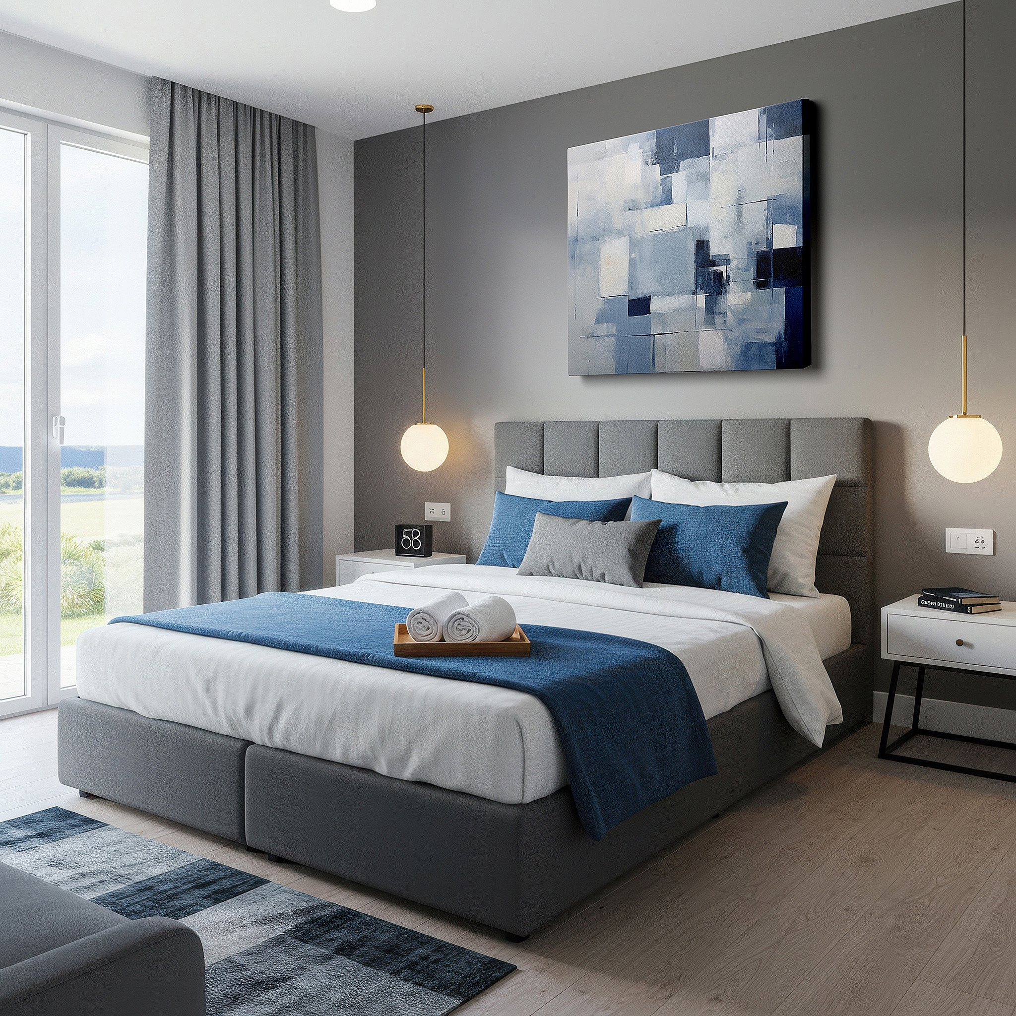 Gently illuminated by ambient lighting in an entryway — abstract geometric harmony in serene blues and crisp whites: contemporary large wall art for office and home decor, canvas wall art