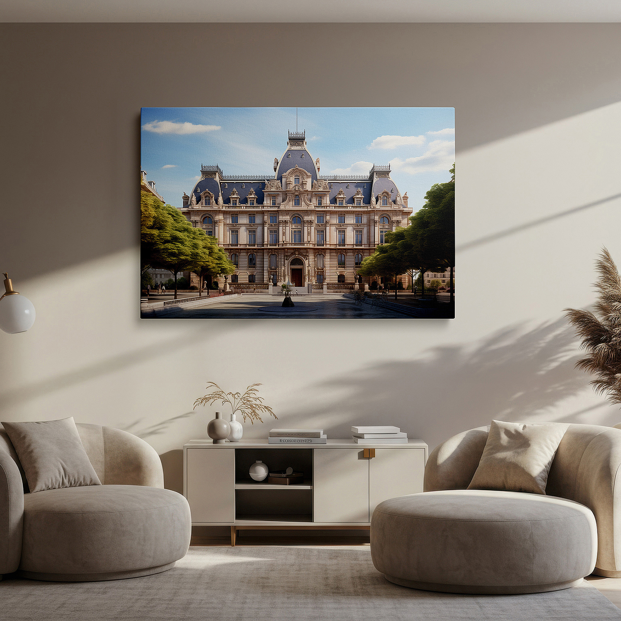Gently illuminated by ambient lighting in an entryway — architectural majesty surrounded by lush greenery: large wall art, canvas wall art, wall decor for office, bedroom, and living room