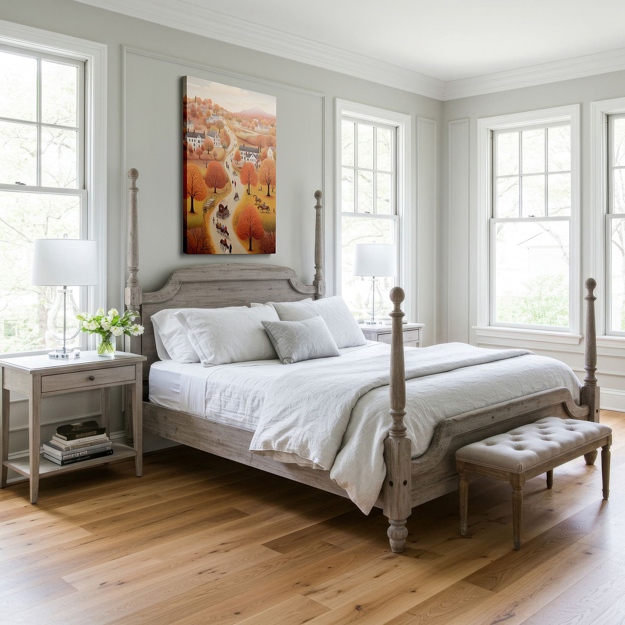 Gently illuminated by ambient lighting in an entryway — autumn embrace in a quaint village: a rustic journey through vibrant fall colors and charming village life - large wall art, canvas wall art, wall art