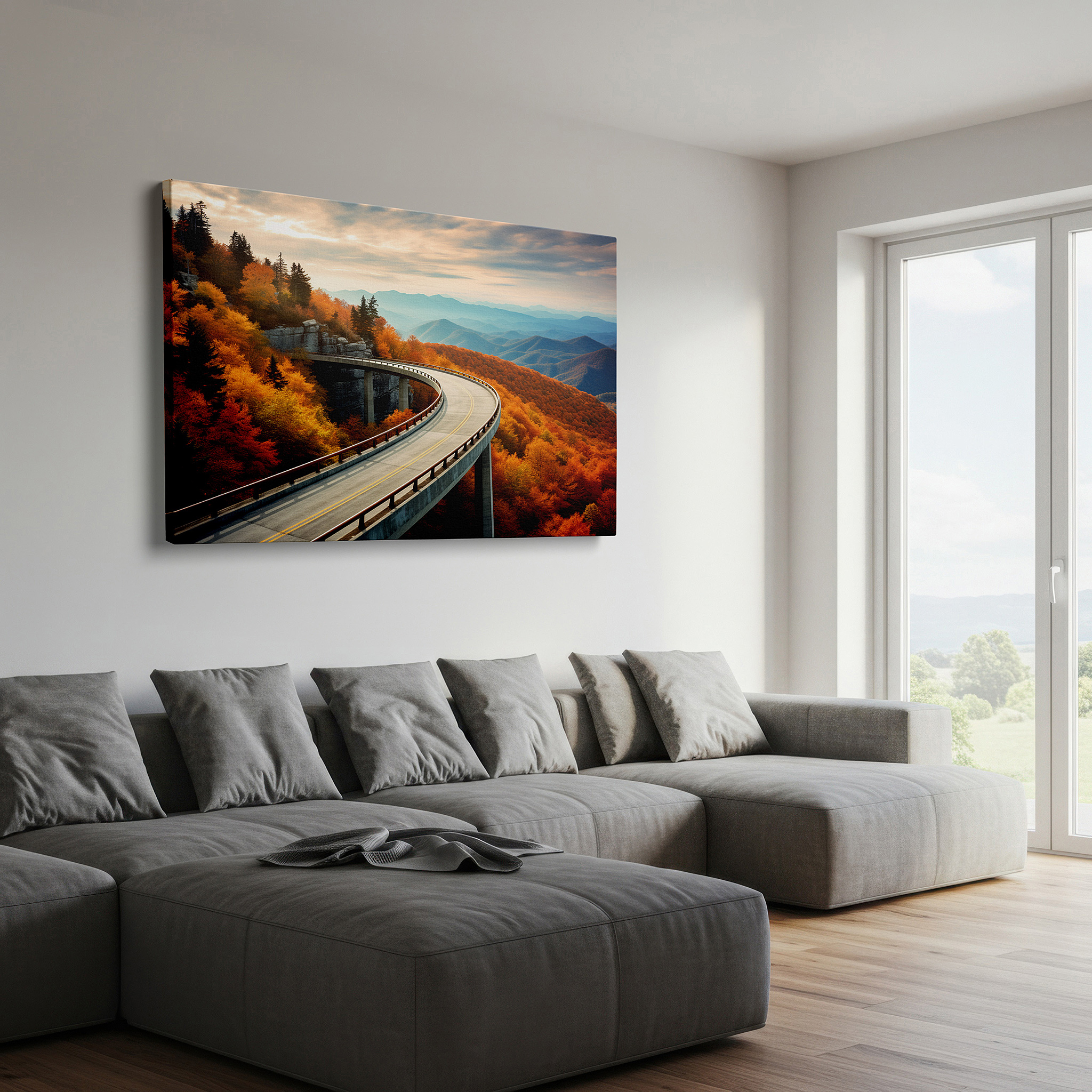 Gently illuminated by ambient lighting in an entryway — autumn majesty journey - winding road with fiery foliage and steep mountains large wall art, canvas wall art, wall decor for office