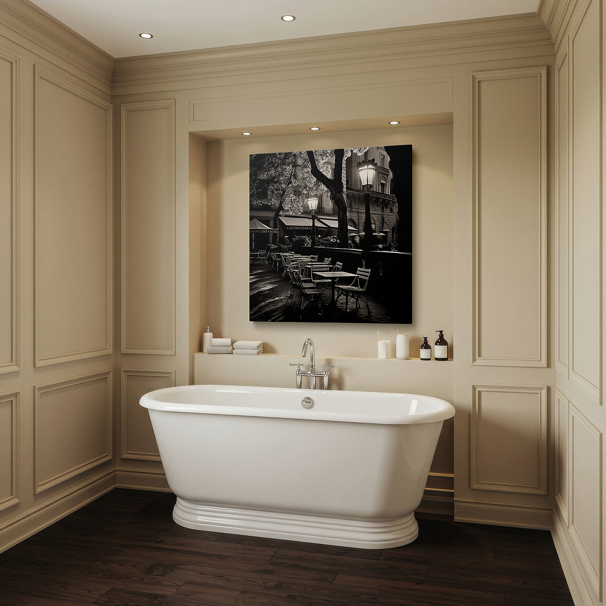Gently illuminated by ambient lighting in an entryway — black and white café terrace wall art: timeless elegance under majestic trees - large canvas for home and office decor