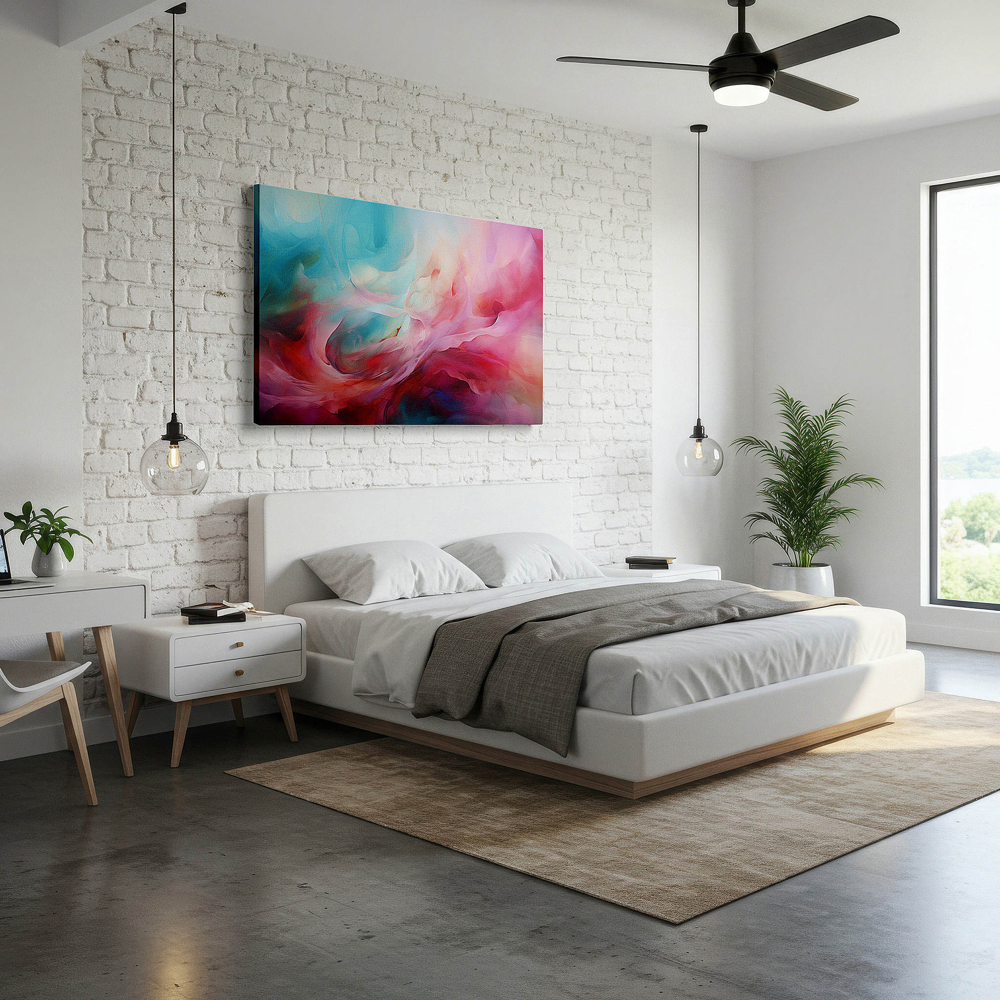 Gently illuminated by ambient lighting in an entryway — blue and pink tranquil swirls: a serene and creative visual feast - large canvas wall art for office decor