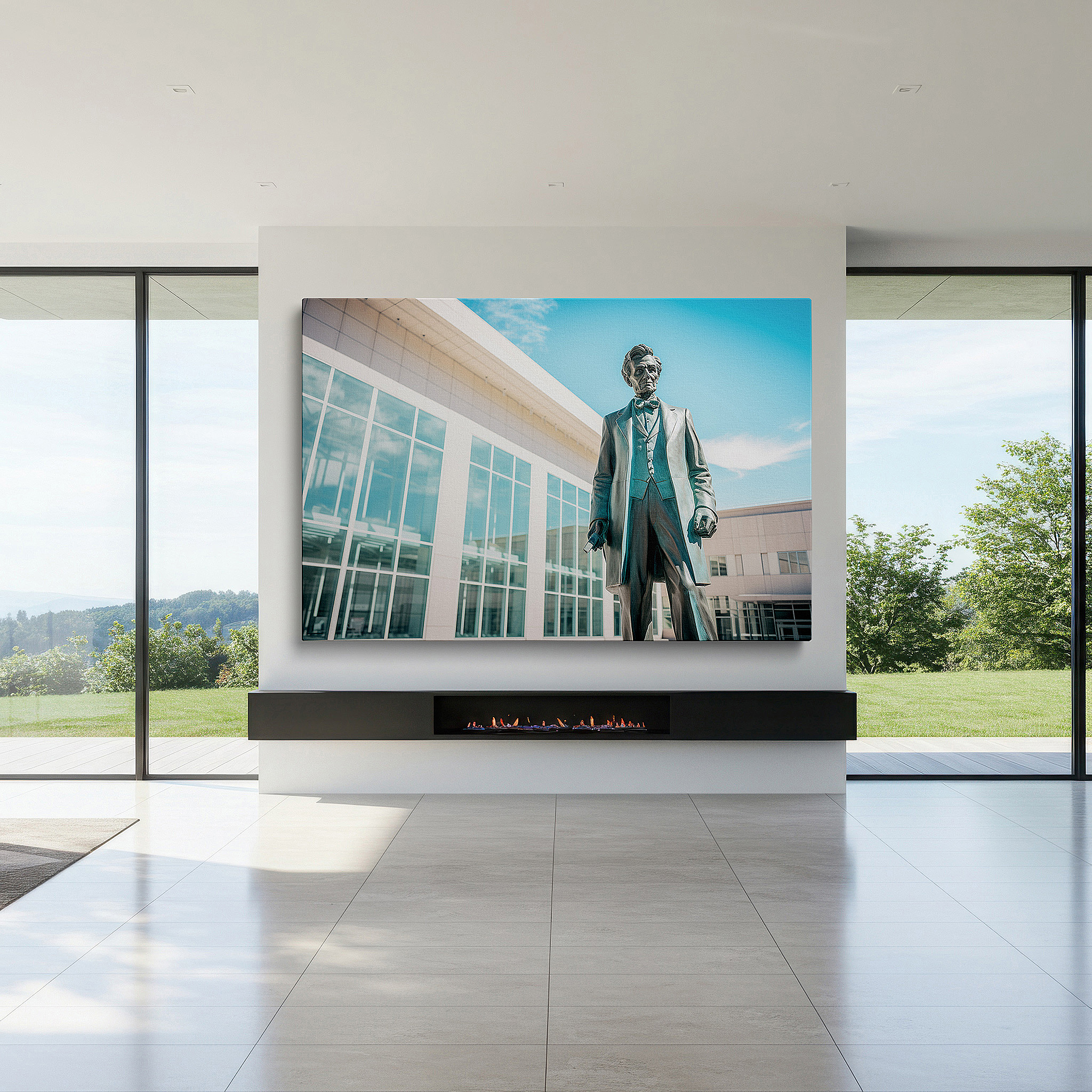 Gently illuminated by ambient lighting in an entryway — bronze statue and modern architecture: a timeless conversation - large canvas wall art for office, bedroom, and living room decor