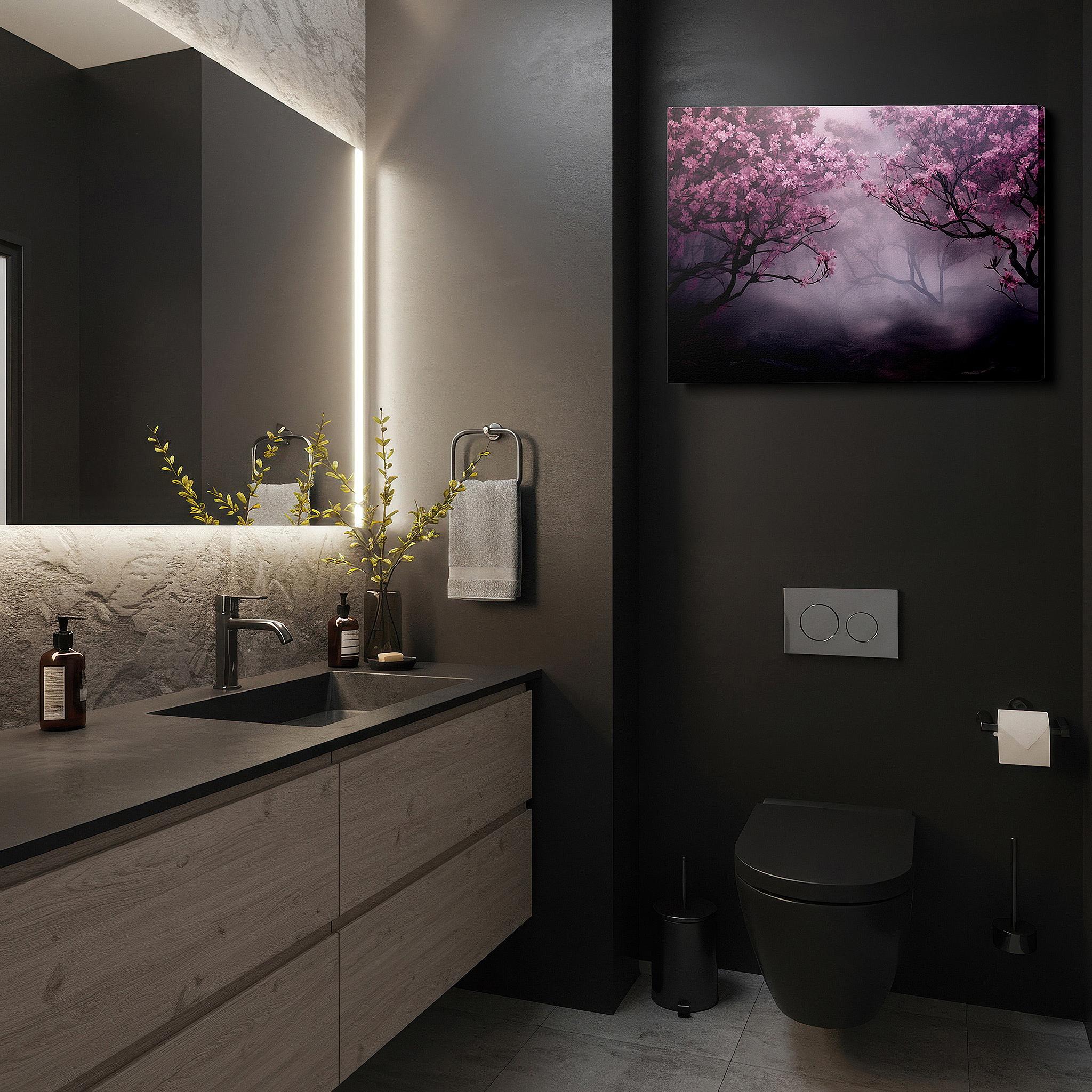 Gently illuminated by ambient lighting in an entryway — cherry blossoms in mist: dreamlike large wall art, canvas decor for office