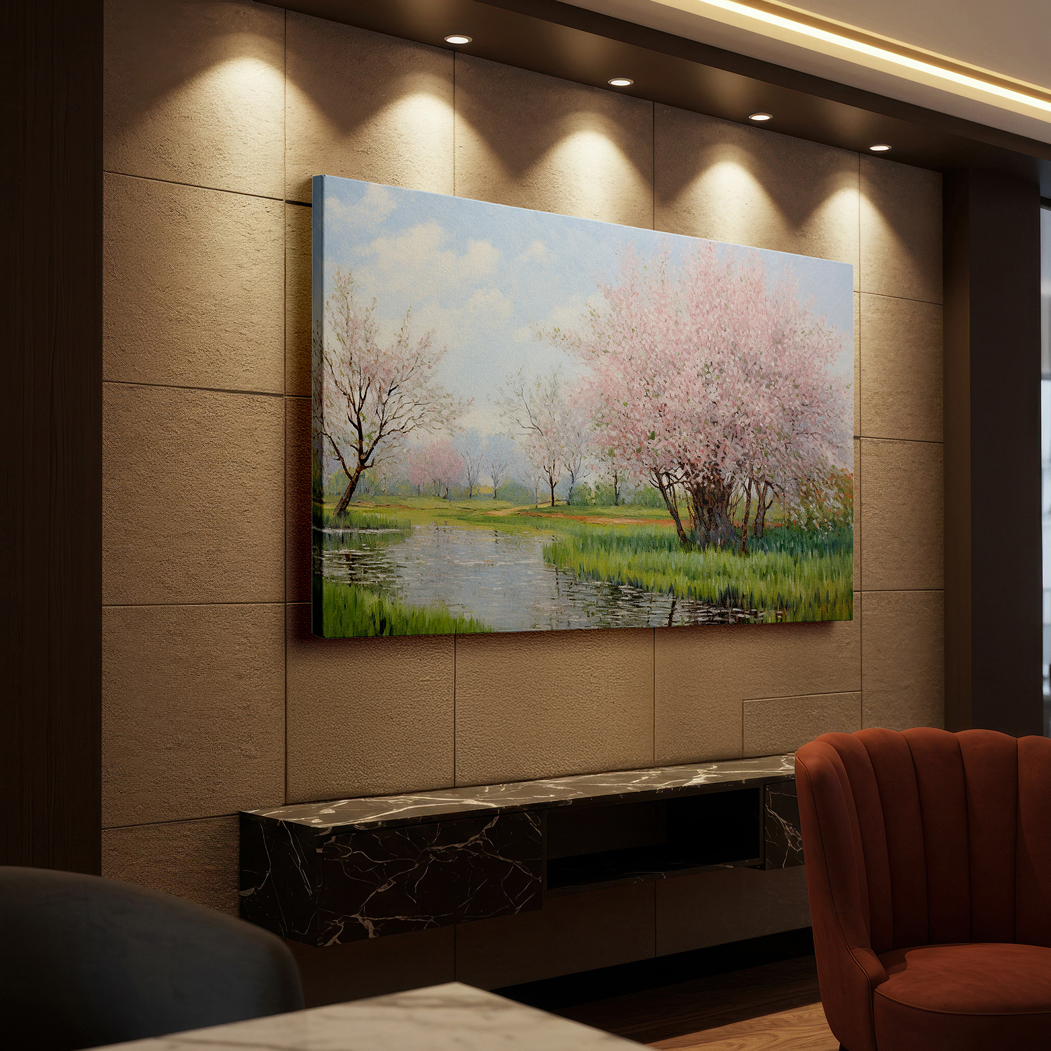 Gently illuminated by ambient lighting in an entryway — cherry blossoms and tranquil waters spring essence large canvas wall art for office, bedroom, and living room decor