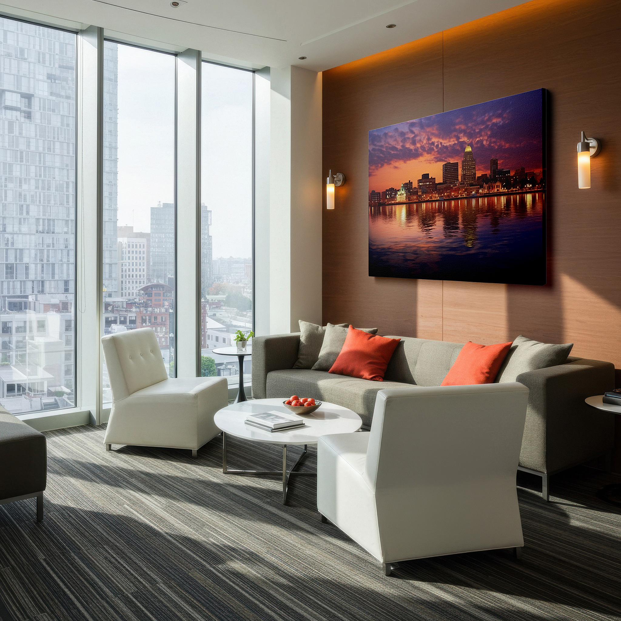 Gently illuminated by ambient lighting in an entryway — cityscape at dusk: sunset hues and tranquil reflections - large canvas wall art for office and bedroom decor