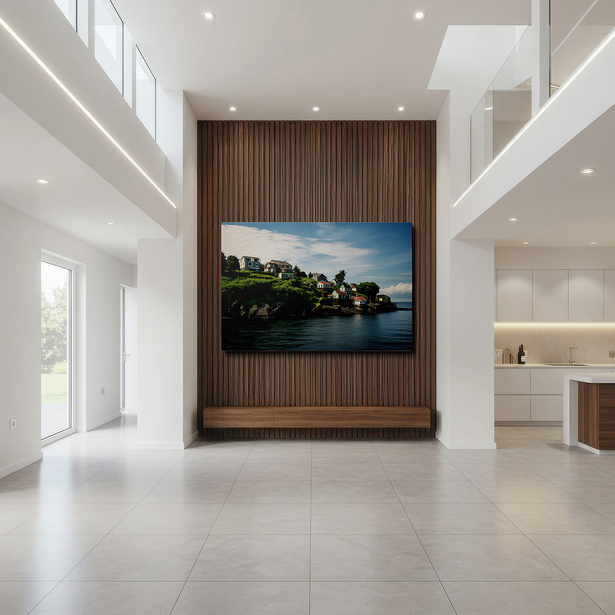 Gently illuminated by ambient lighting in an entryway — coastal serenity and architectural elegance in a scenic cliffside village: large wall art, canvas wall art, wall decor for offices and bedrooms