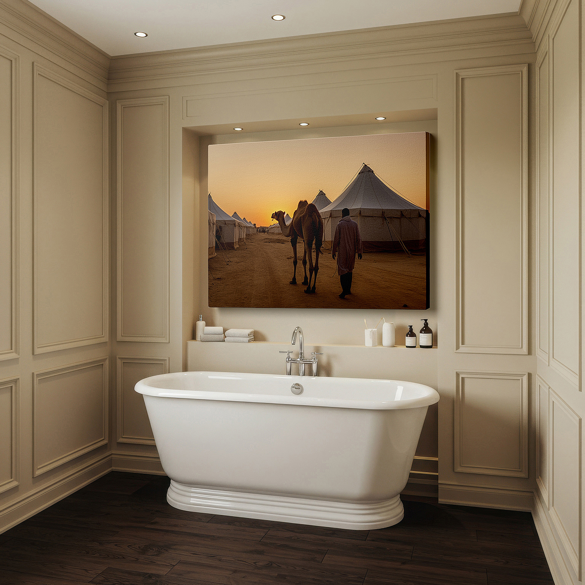 Gently illuminated by ambient lighting in an entryway — desert sunrise wall art: camel and nomad scene, symbol of endurance in arid landscape - large canvas for home or office decor
