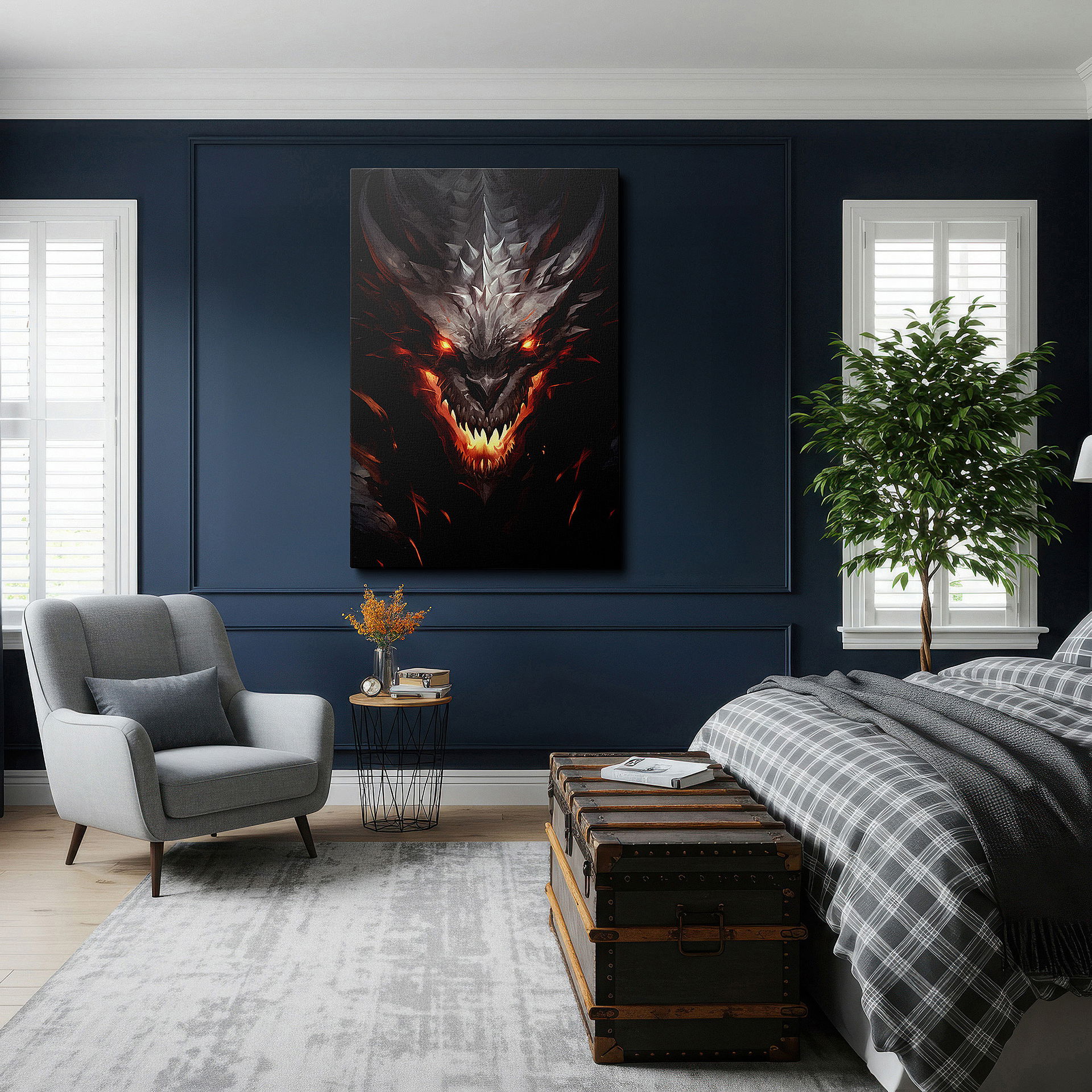 Gently illuminated by ambient lighting in an entryway — dragon's majesty wall art: vibrant colors depicting power and wisdom