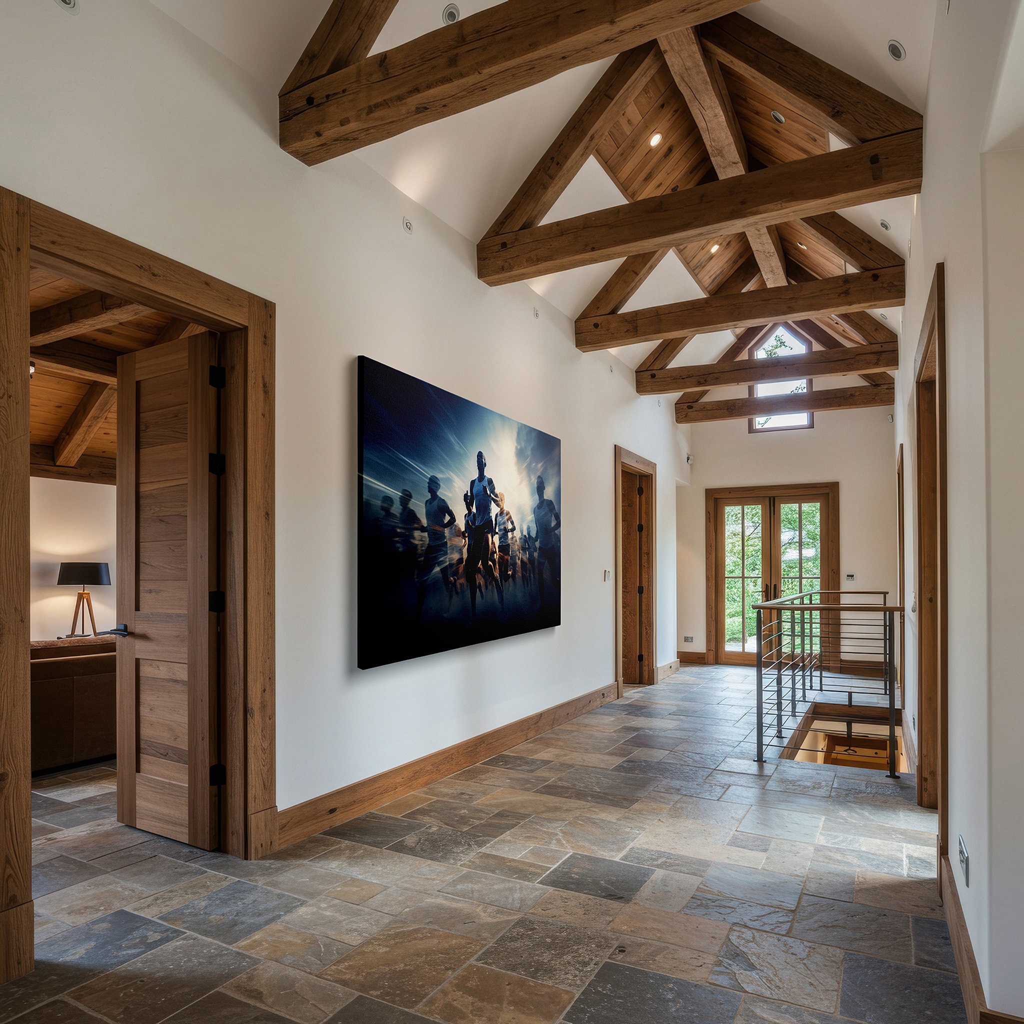 Gently illuminated by ambient lighting in an entryway — dynamic athleticism in motion: celebrating speed and team spirit - large canvas wall art for office decor