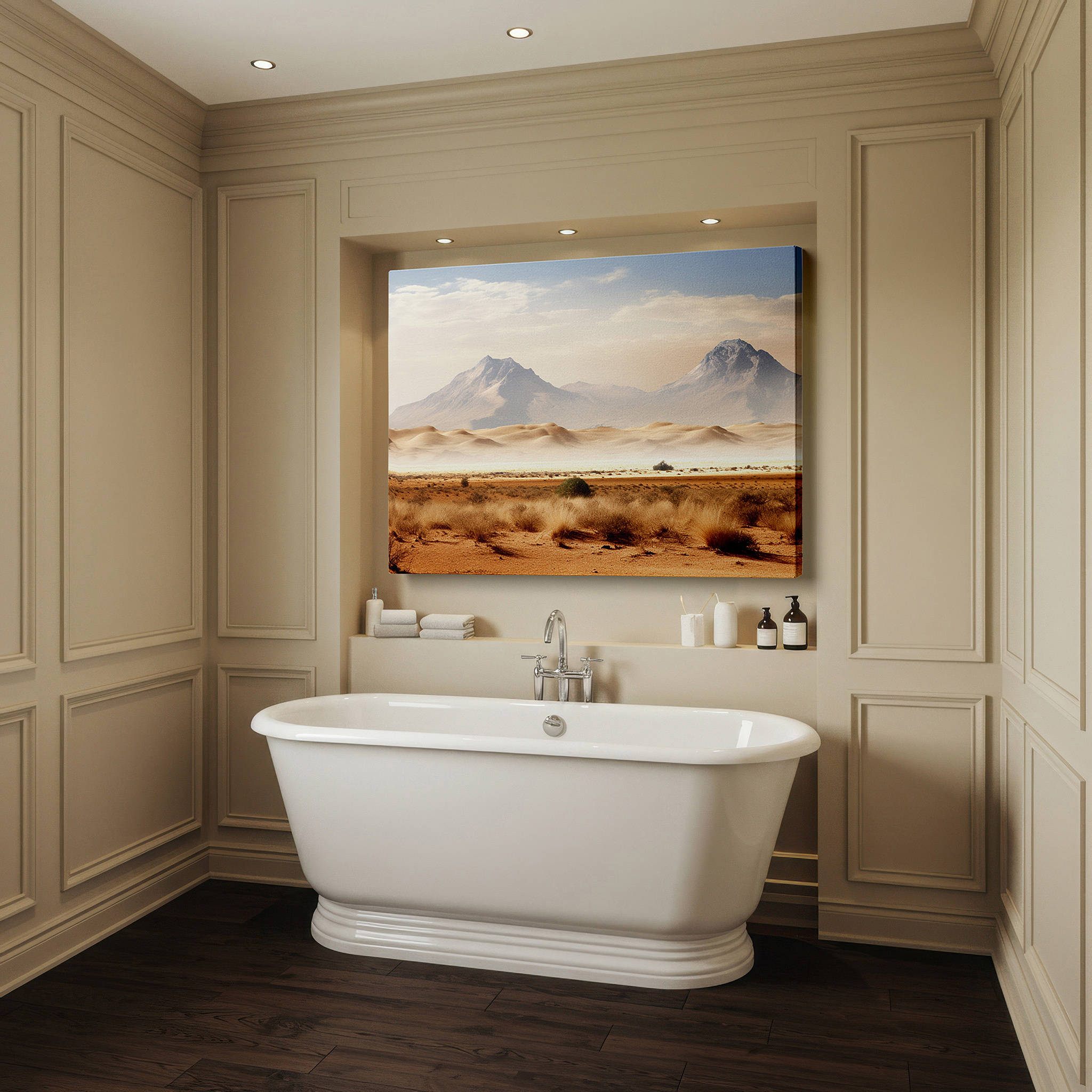 Gently illuminated by ambient lighting in an entryway — earth tone desert dunes and mountain ranges, serene and stark nature canvas, large wall art for office decor