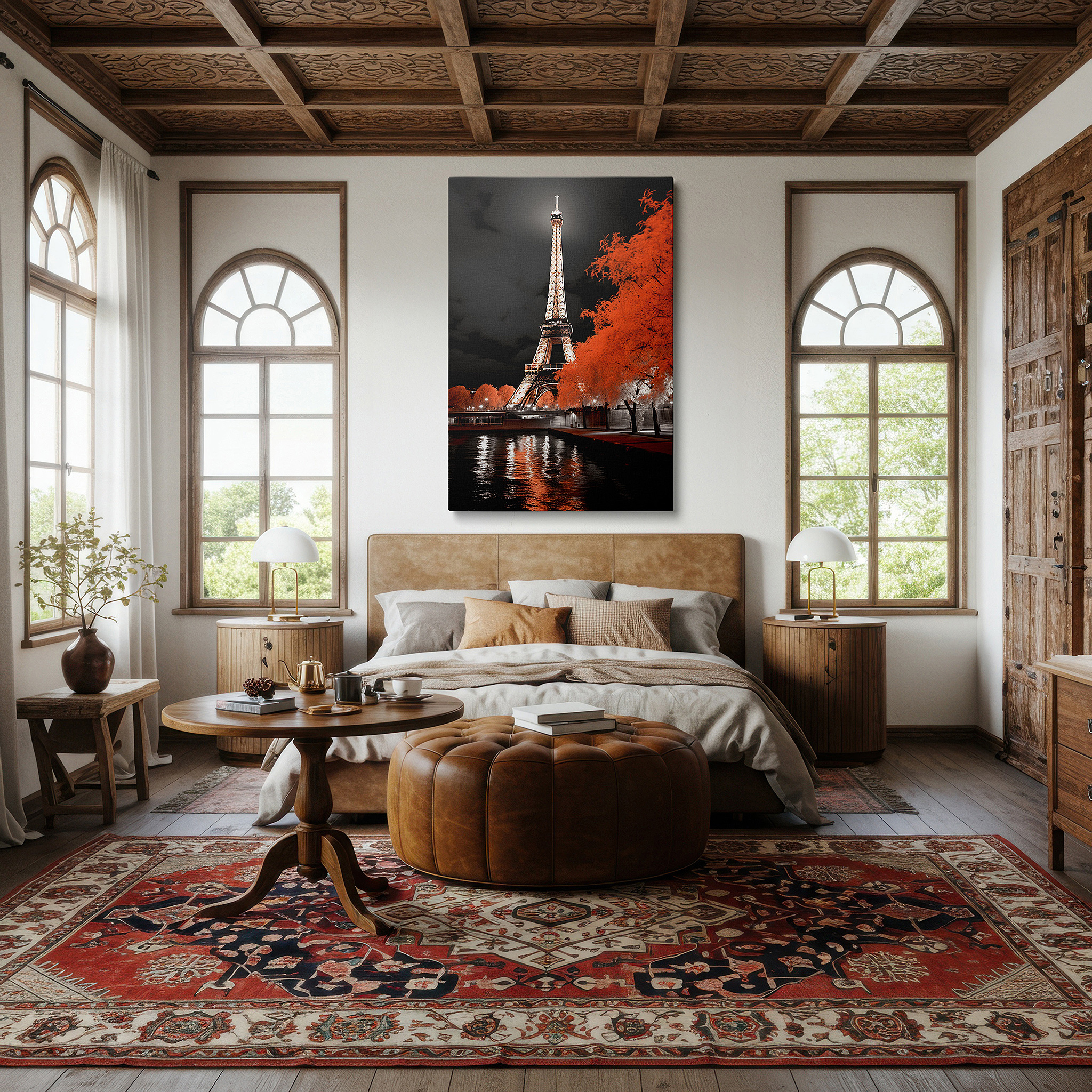 Gently illuminated by ambient lighting in an entryway — eiffel tower vibrance amid classic parisian tones, symbol of hope and nostalgia, large canvas wall art for home and office decor