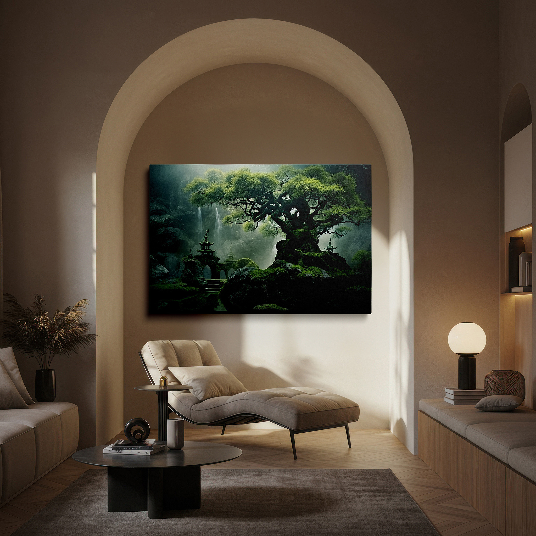 Gently illuminated by ambient lighting in an entryway — enchanting landscape featuring eternal tree, jagged stones, and graceful pagoda in fog - large canvas wall art for office and bedroom decor