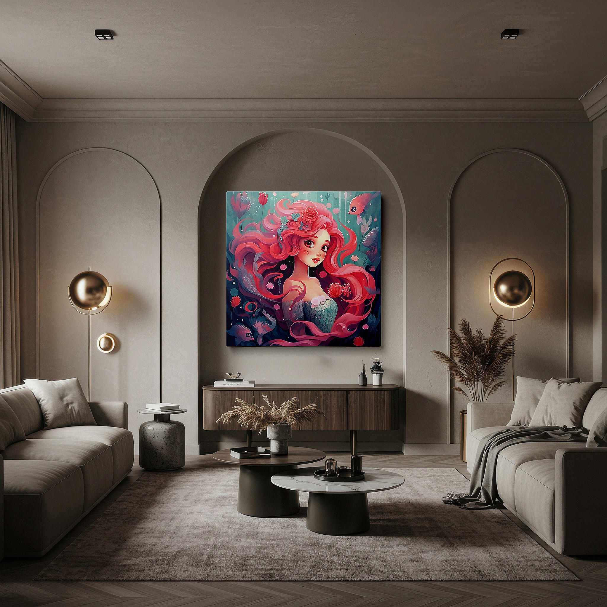 Gently illuminated by ambient lighting in an entryway — enchanting mermaid with coral hair large canvas wall art for bedroom and office decor in a magical underwater realm