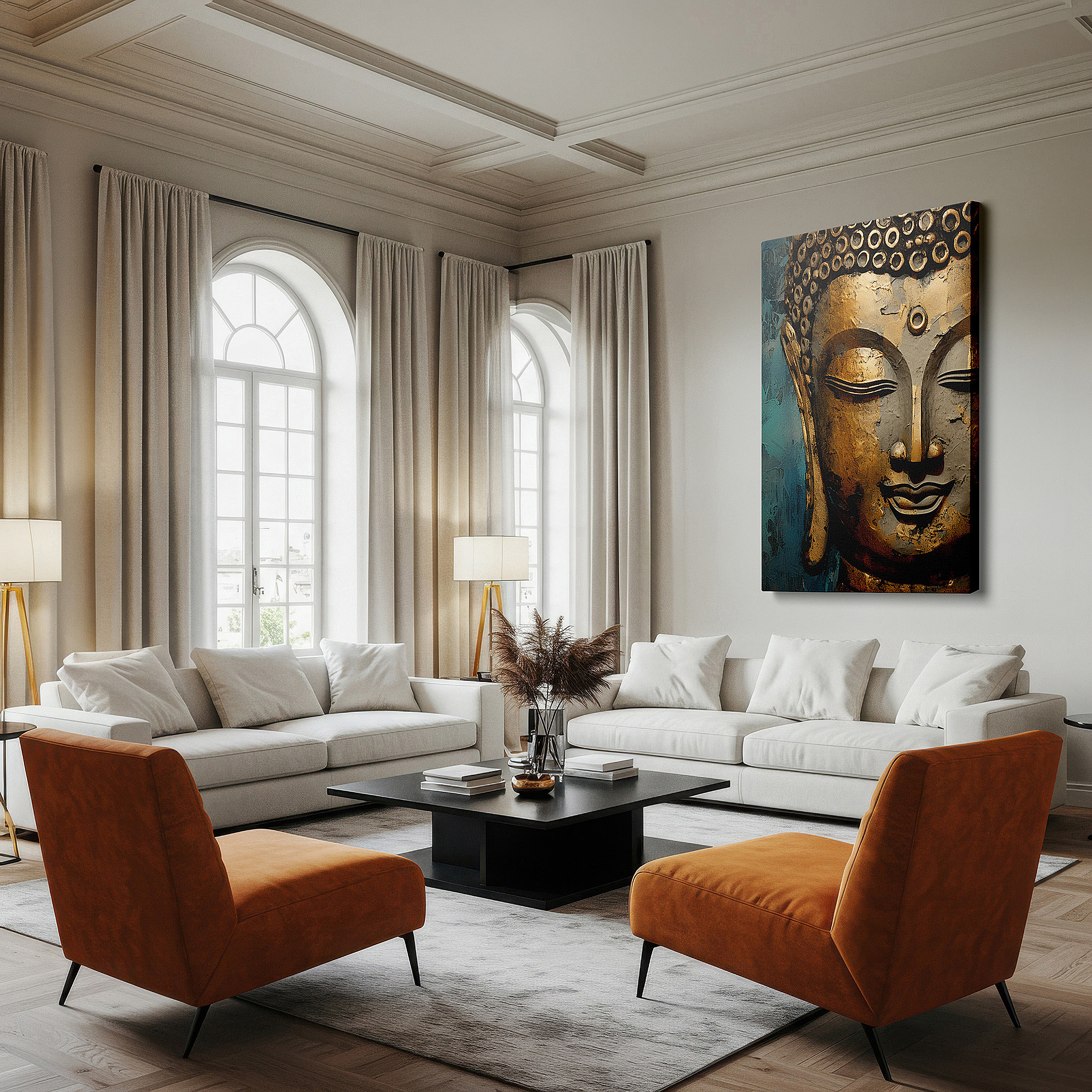 Gently illuminated by ambient lighting in an entryway — golden buddha wall art for living room: a sanctuary of serenity and spiritual depth. ideal for office, bedroom, and home decor, available as large canvas wall art.