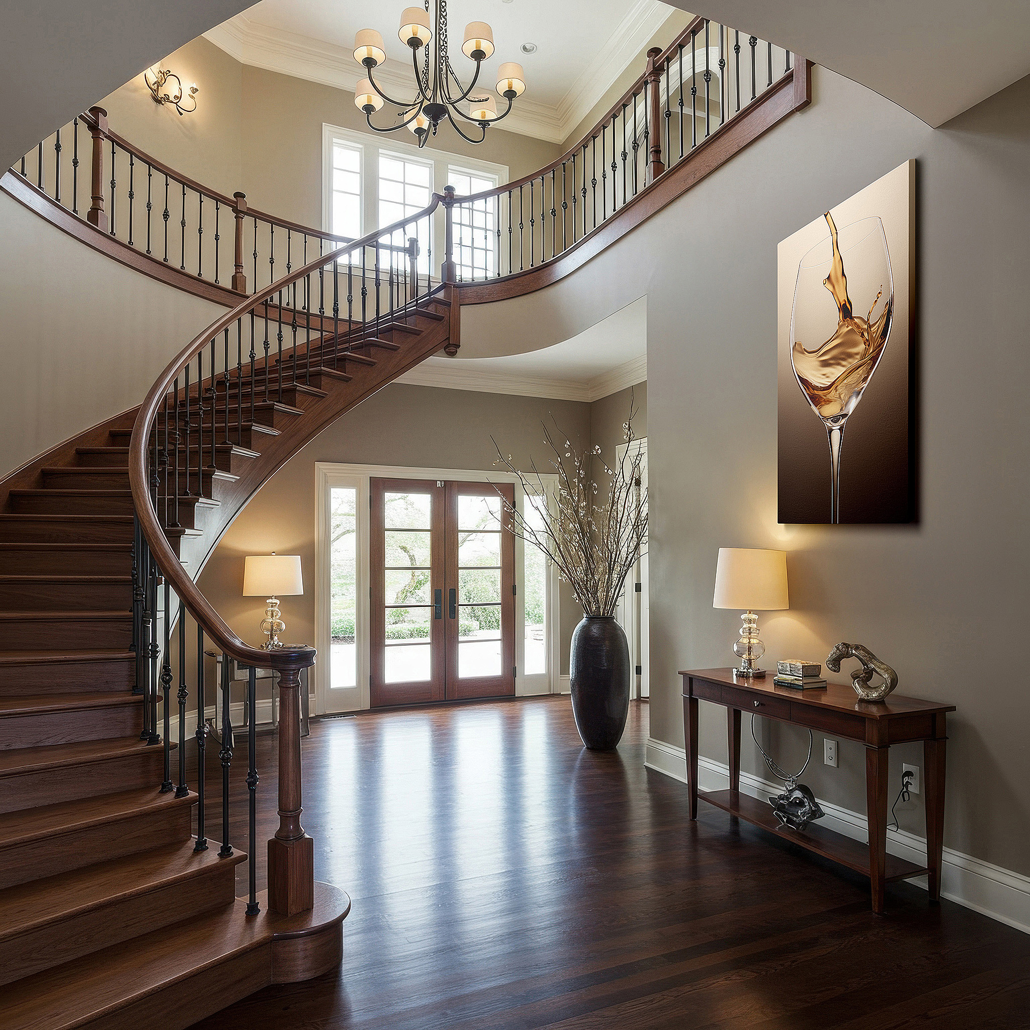 Gently illuminated by ambient lighting in an entryway — golden elixir flowing into crystal: a symphony of light and luxury - large canvas wall art for office and bedroom decor